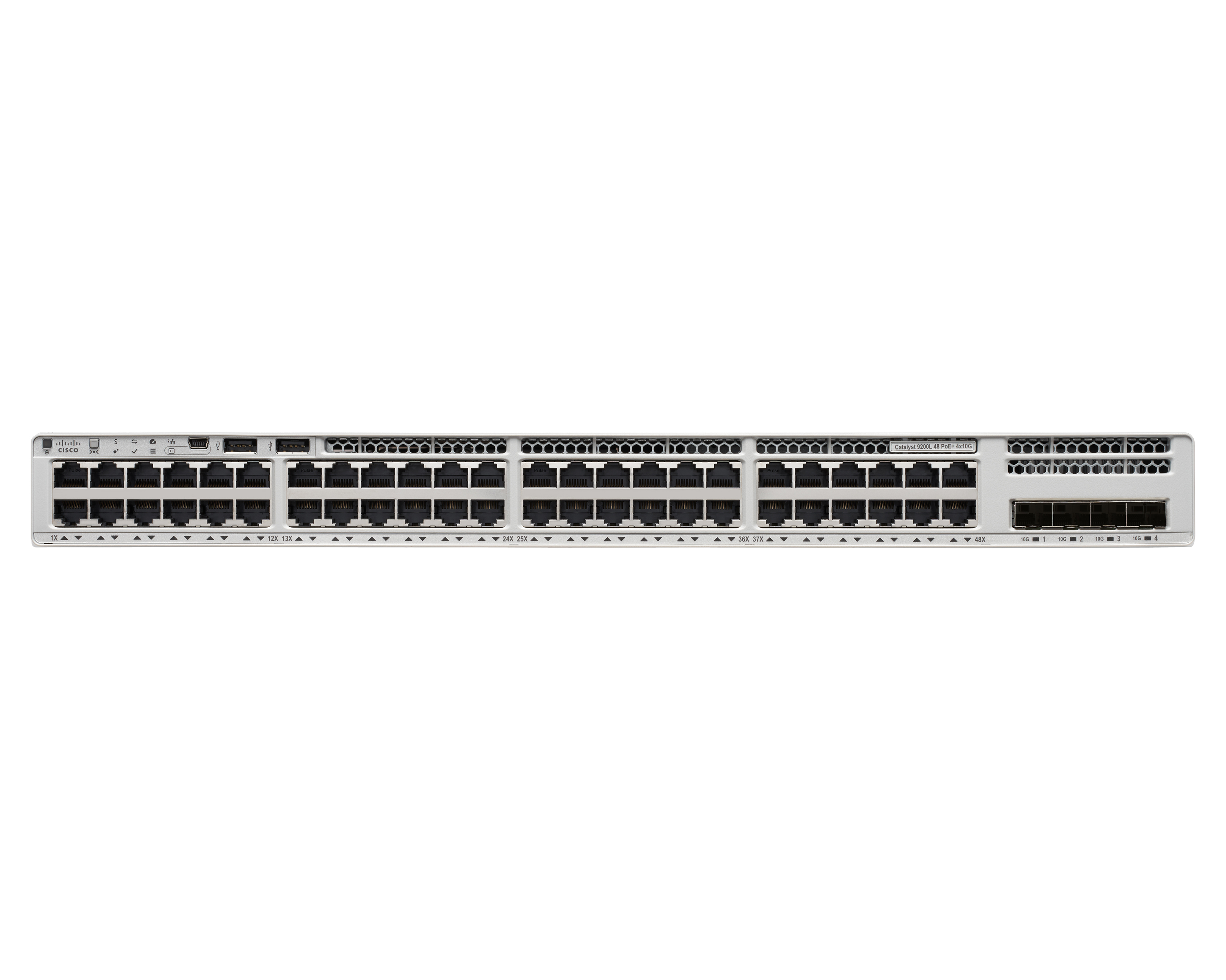 Weißer Netzwerk-Switch mit vielen Ports, von vorne gesehen, vor weißem Hintergrund.