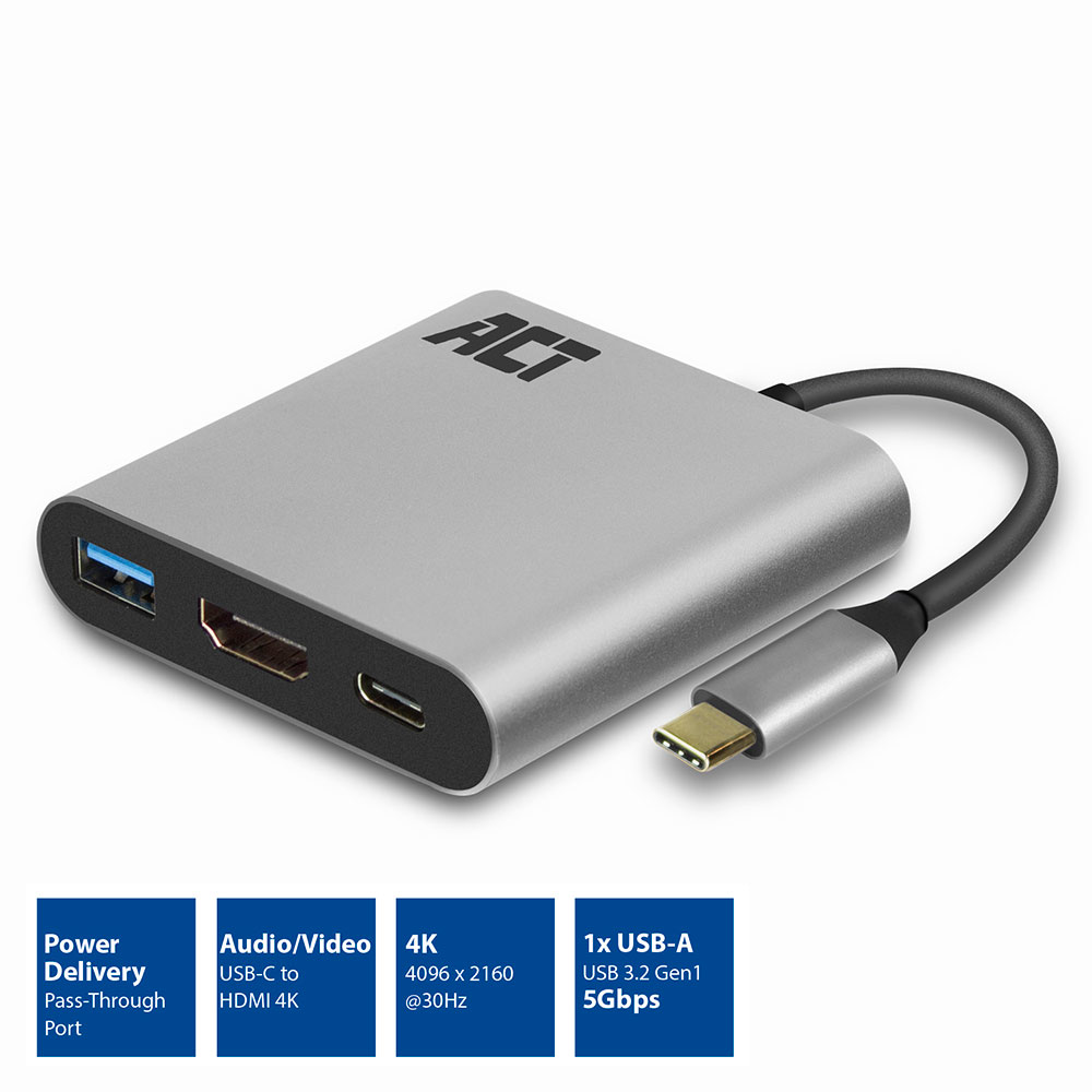 Adaptador plateado con puertos, cable negro y conector USB-C. Etiquetas describen sus funciones.