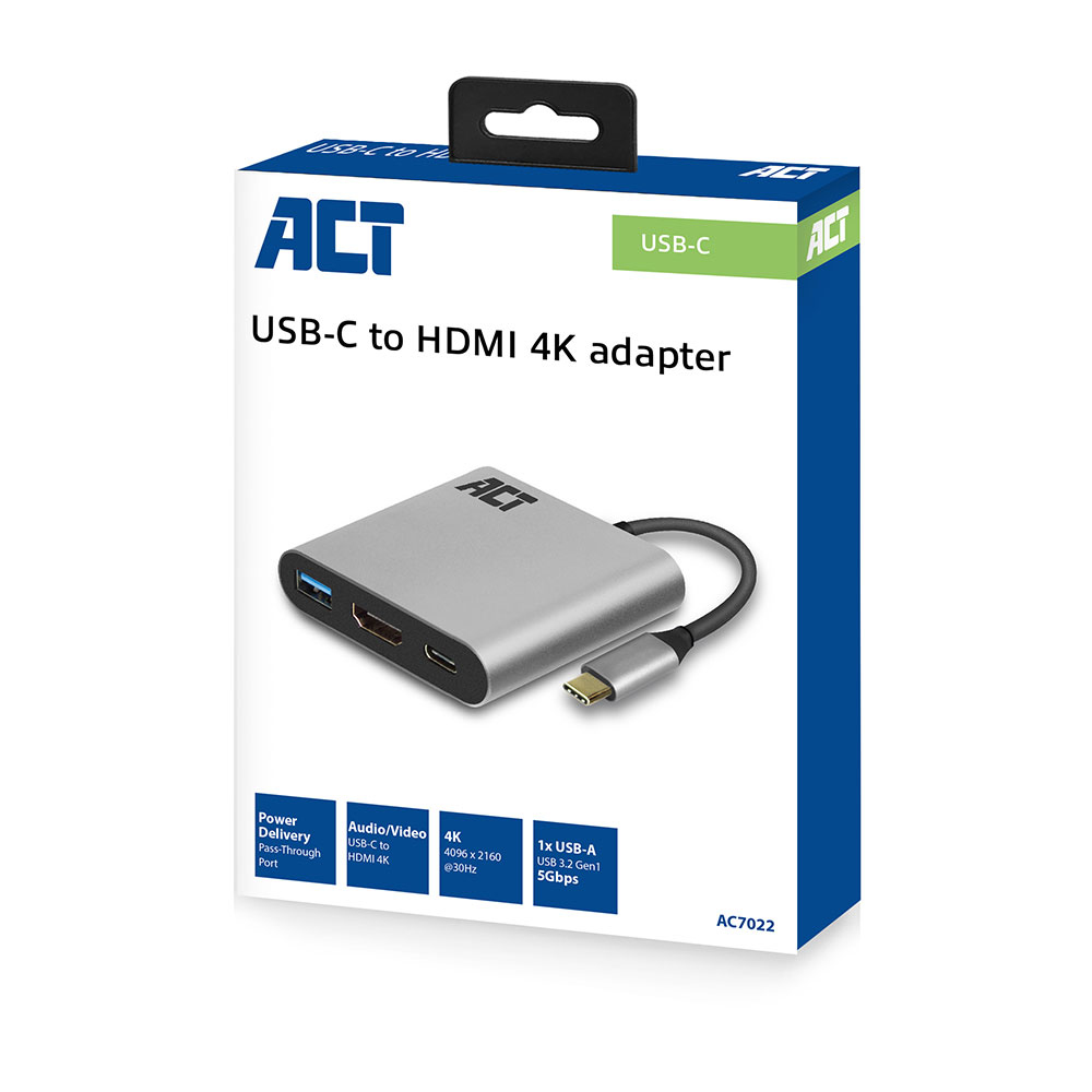 Caja del adaptador ACT USB-C a HDMI 4K. Adaptador plateado, cable negro y caja blanca y azul con información del producto.