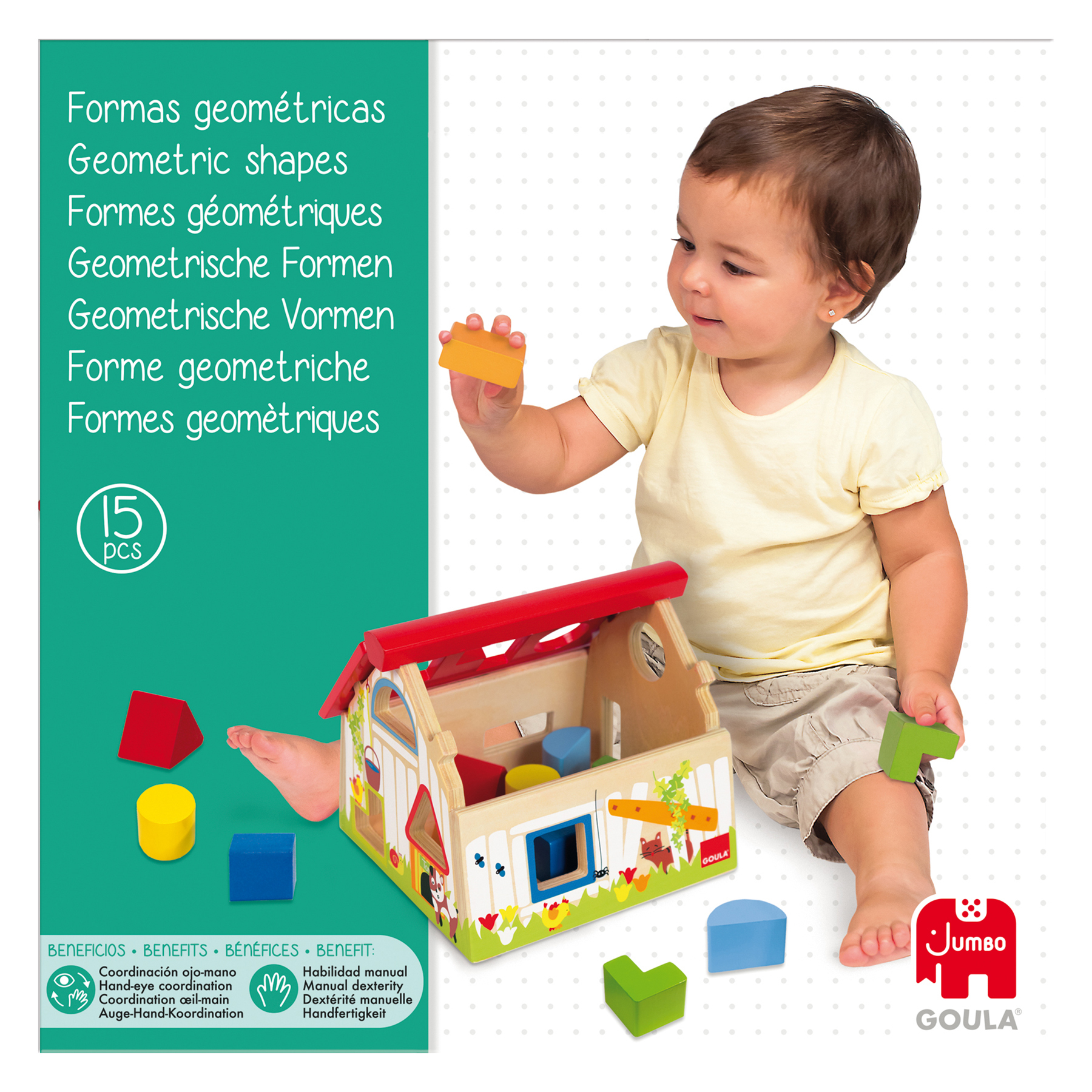 Un enfant joue avec des formes géométriques. Une maison en bois avec des formes et du texte sur les bénéfices.