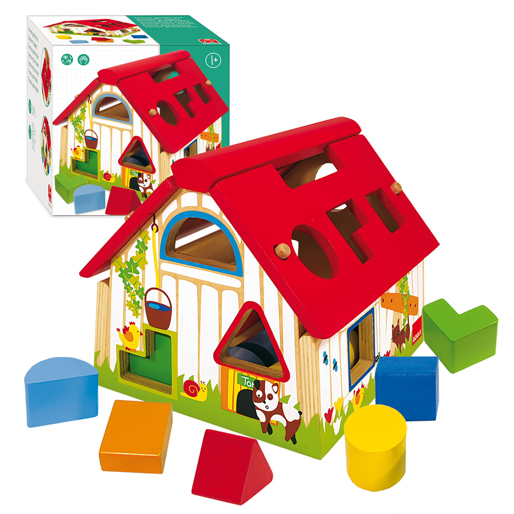 Jouet maison en bois avec trieur de formes, blocs colorés et une boîte en arrière-plan.