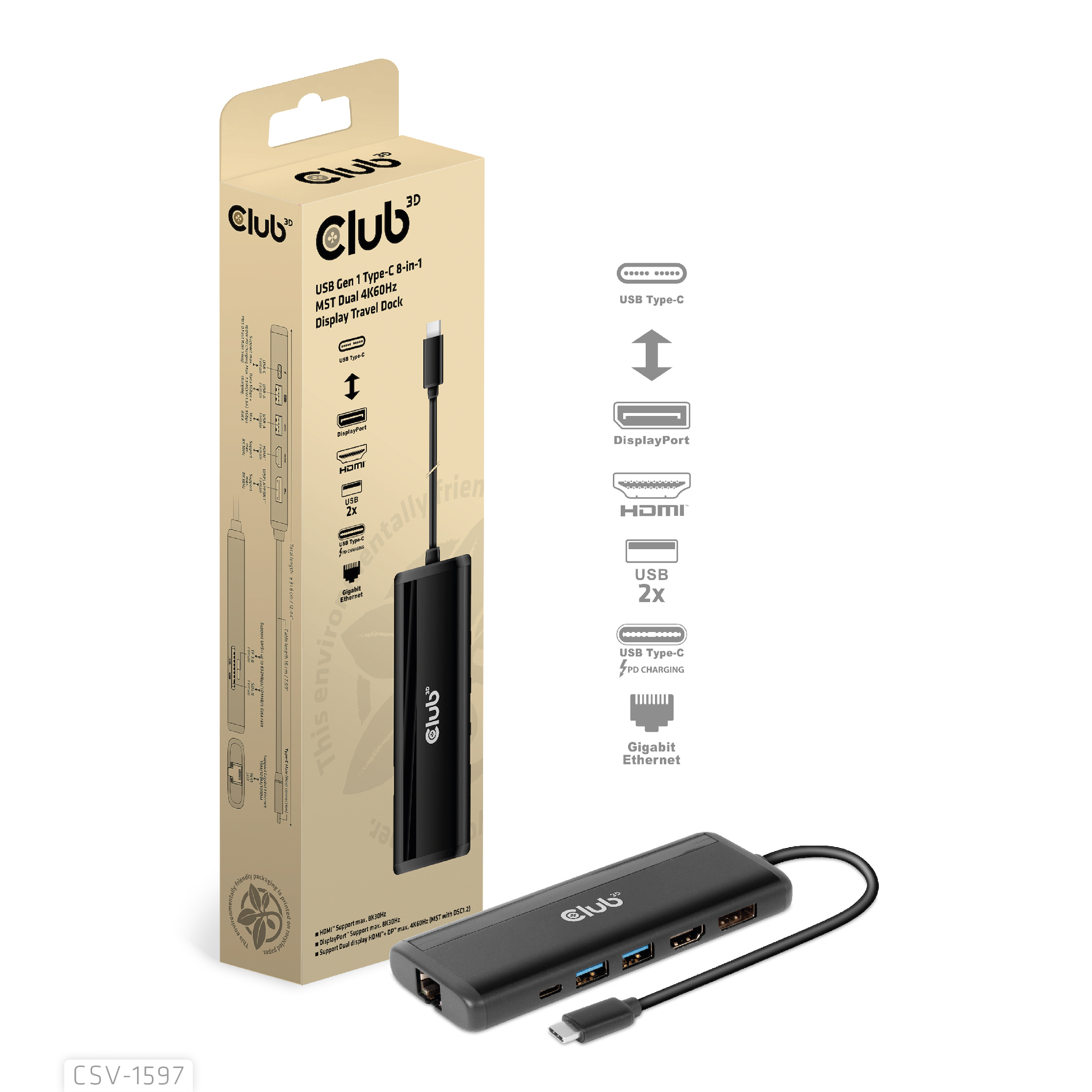 Una scatola bianca e nera con un hub USB-C, con porte e diagrammi. La scatola è su una superficie bianca.