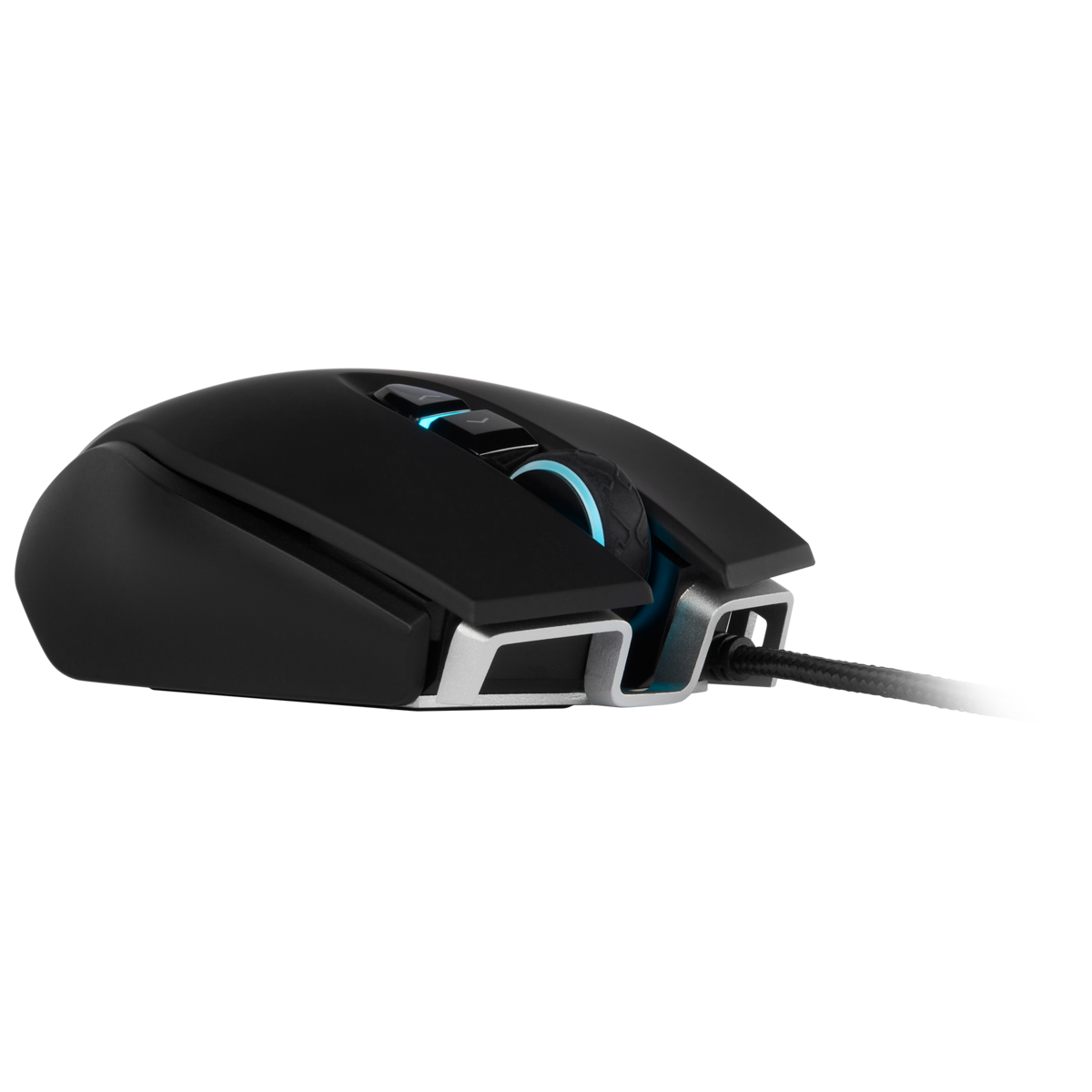 Mouse da gioco nero con dettagli argentati e un cavo di collegamento.