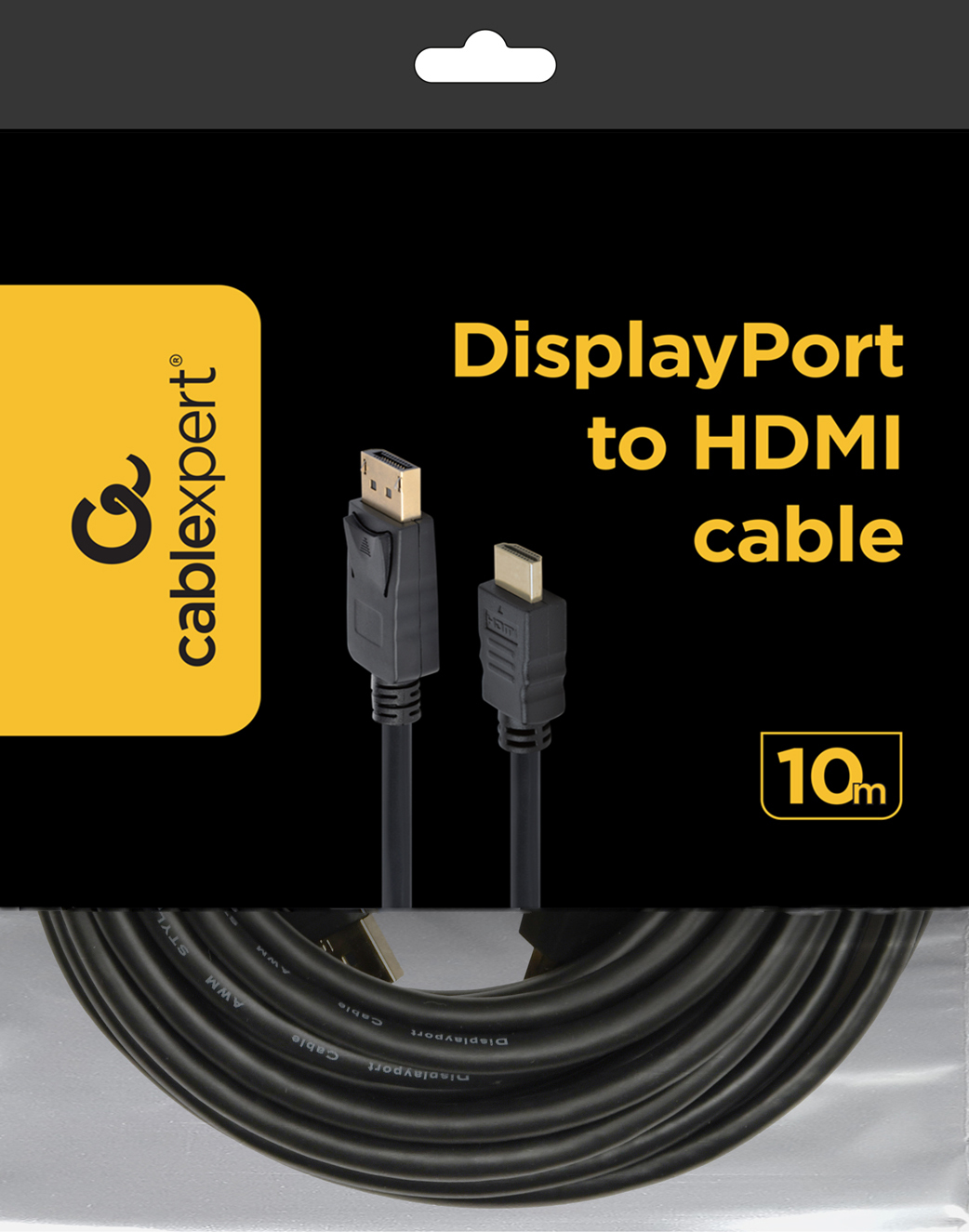 Kabel DisplayPort do HDMI na czarnym i srebrnym tle. Kabel jest zwinięty.