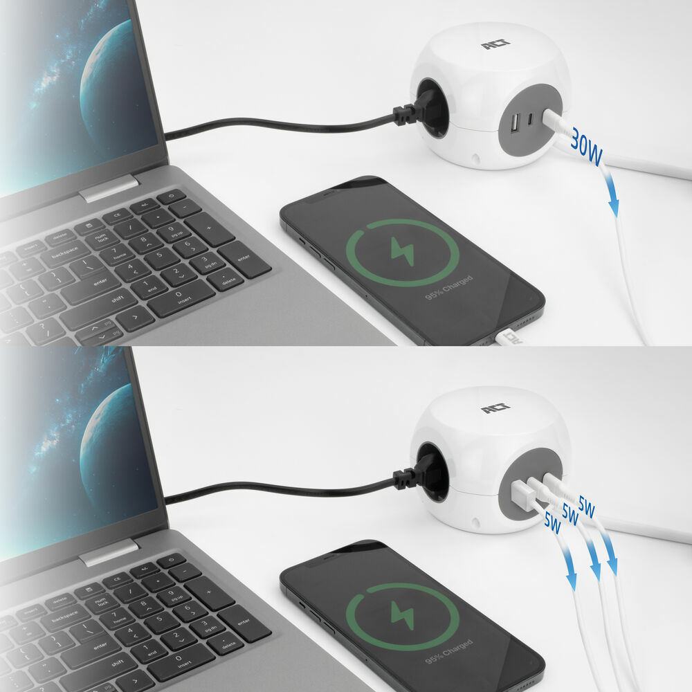 Dwa obrazy pokazujące stację ładowania podłączoną do laptopa i telefonu, ładując telefon.