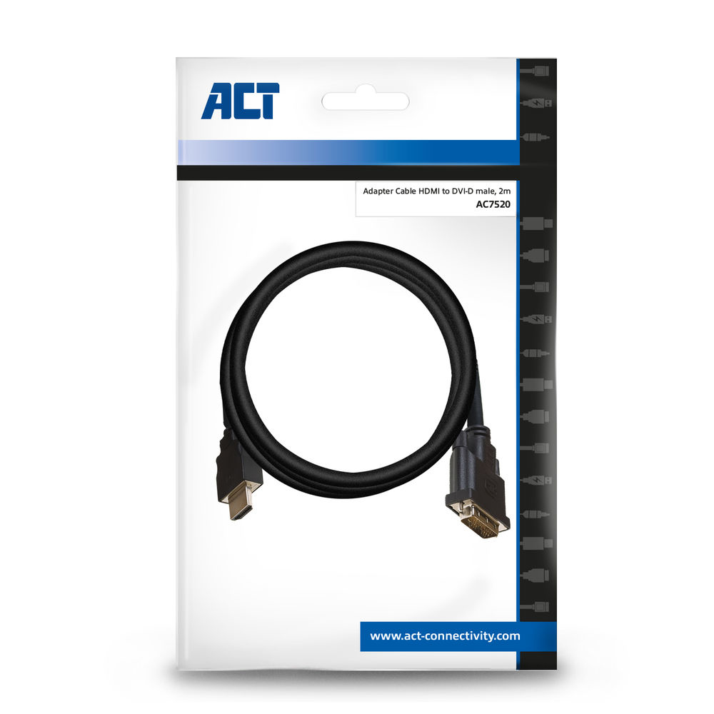 Ein schwarzes HDMI-zu-DVI-D-Stecker-Adapterkabel in einer weißen Verpackung mit dem ACT-Logo.