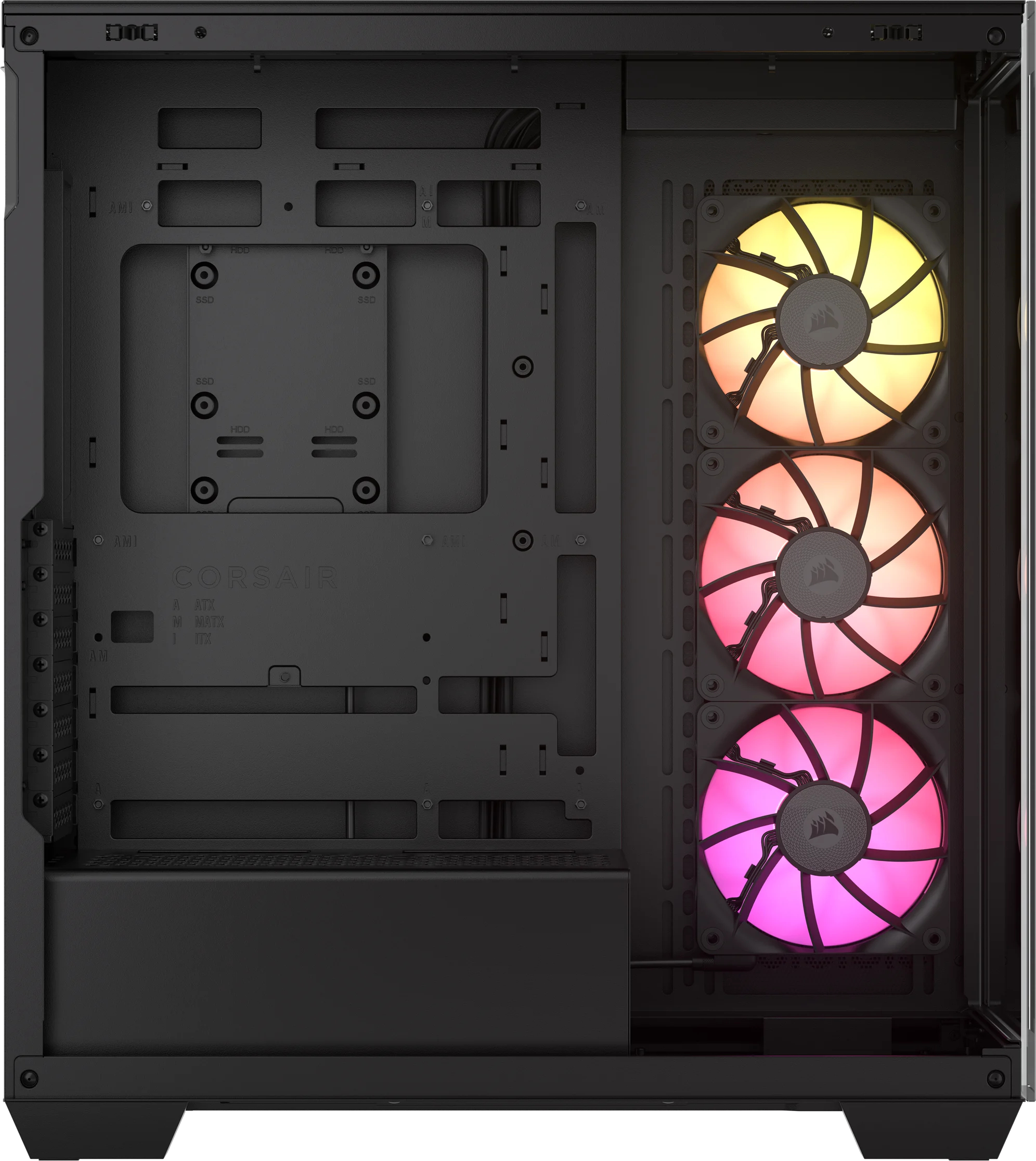 Computergehäuse-Innenraum. Drei Lüfter mit bunten Lichtern und Komponenten sichtbar.