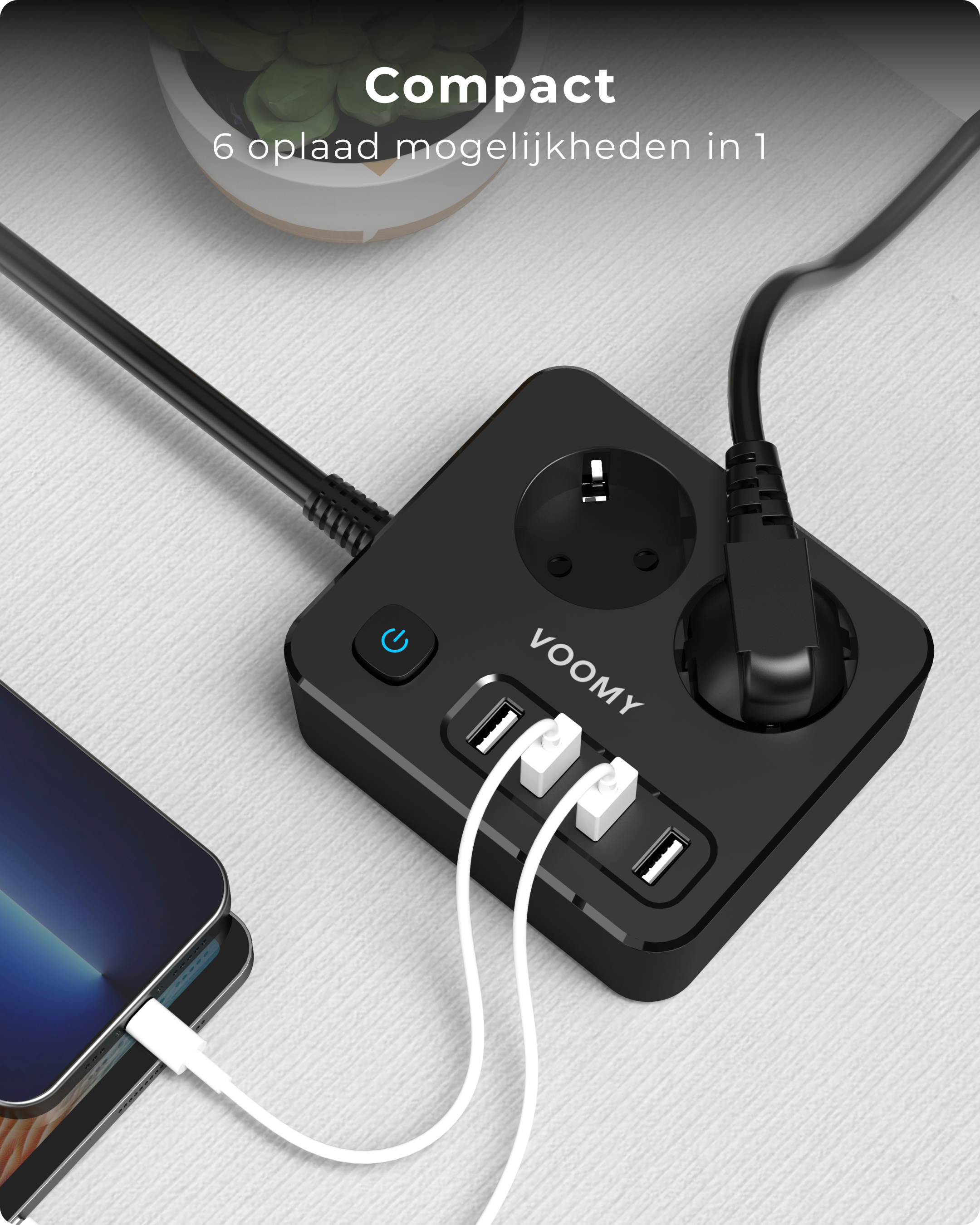 Czarny przedłużacz z wieloma gniazdami i portami USB. Ładowanie telefonu, tekst 'VOOMY', białe kable.