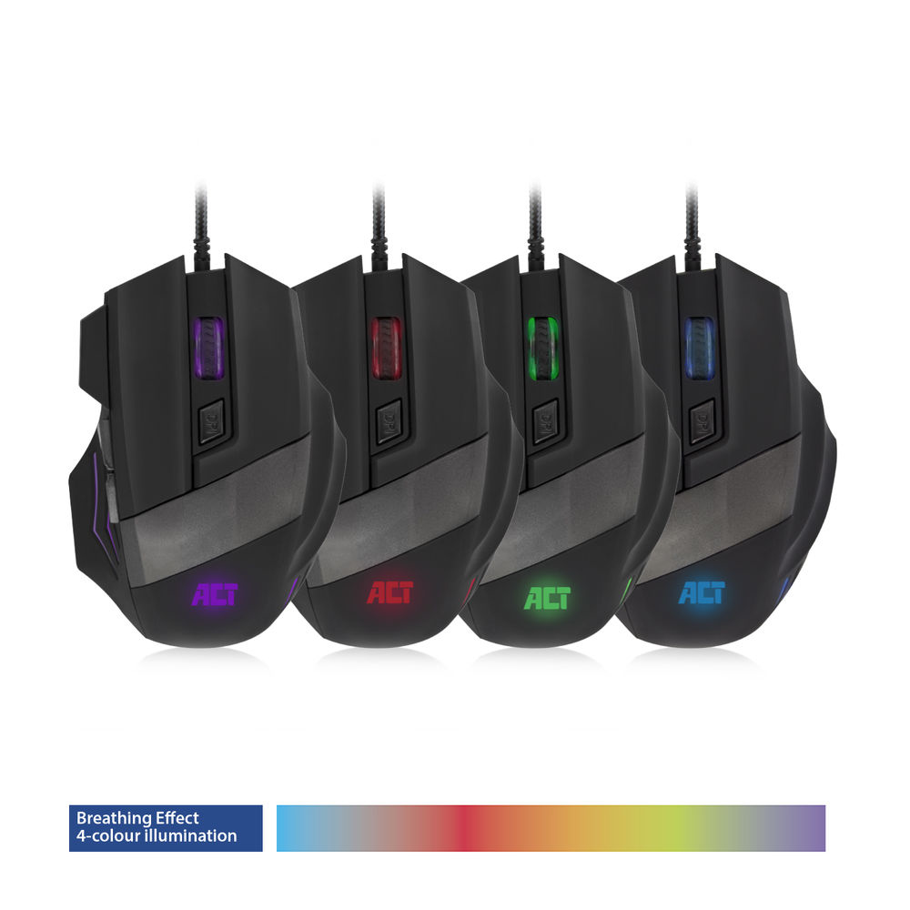 Vier zwarte gamingmuizen met verschillende kleuren lichten. Elk heeft een logo.