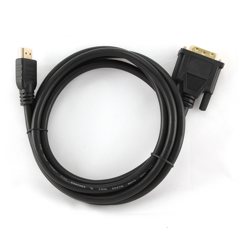 Cable negro HDMI a DVI, con conectores en cada extremo.
