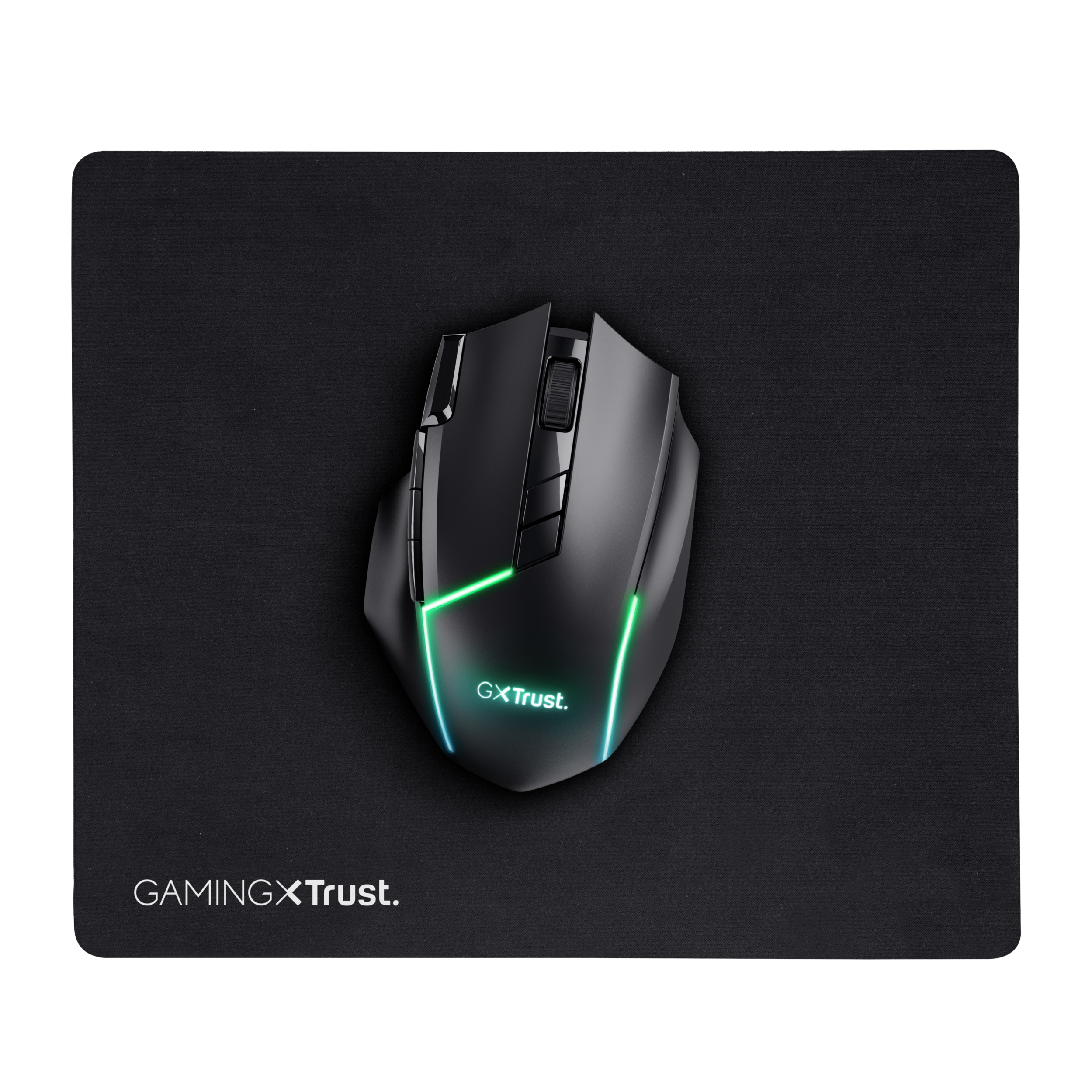 Zwarte gamingmuis op een zwarte muismat. Muis heeft groene en blauwe lichten.