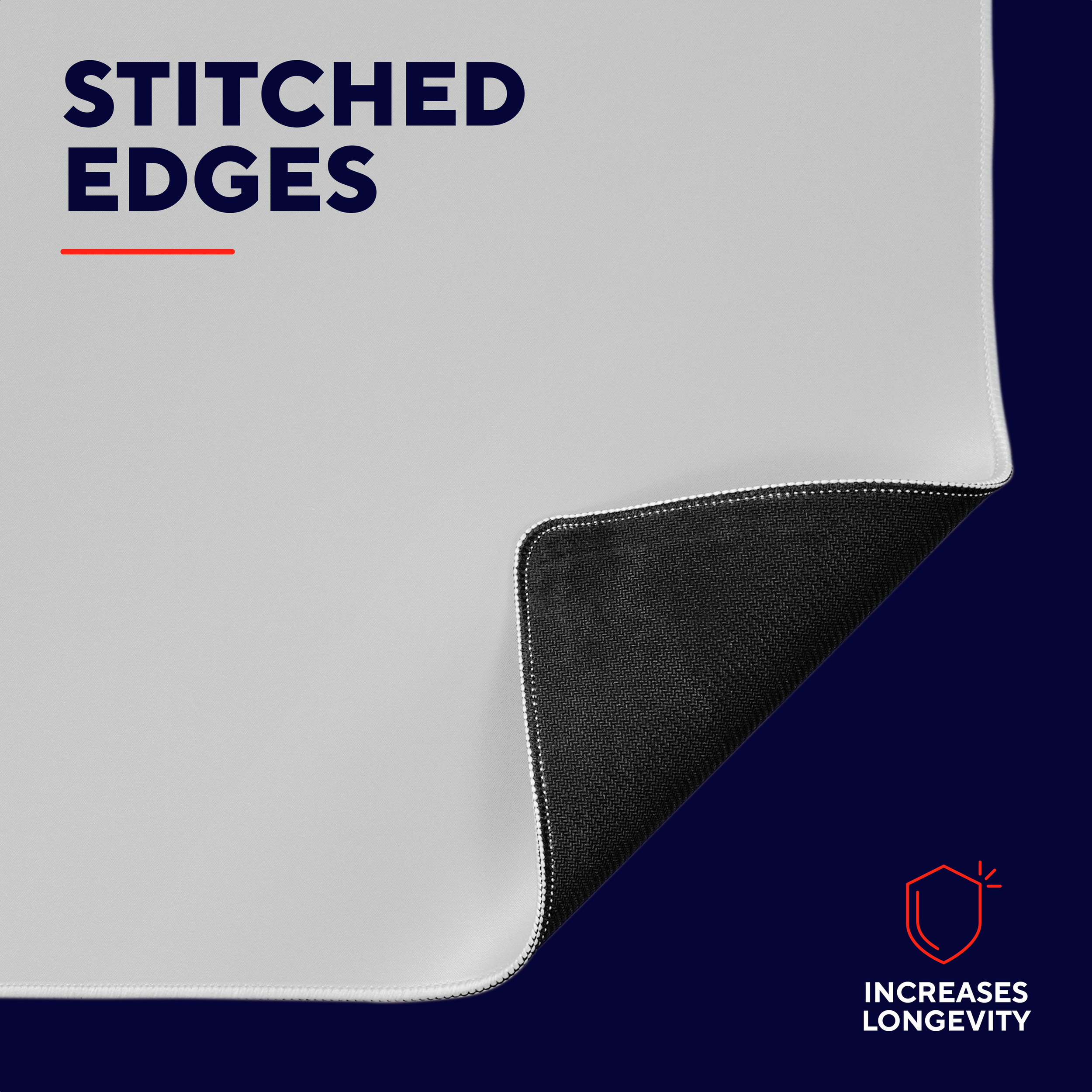 Biała podkładka pod mysz z obszytymi krawędziami. Tył jest czarny. Czerwony tekst: Stitched Edges. Niebieskie tło.