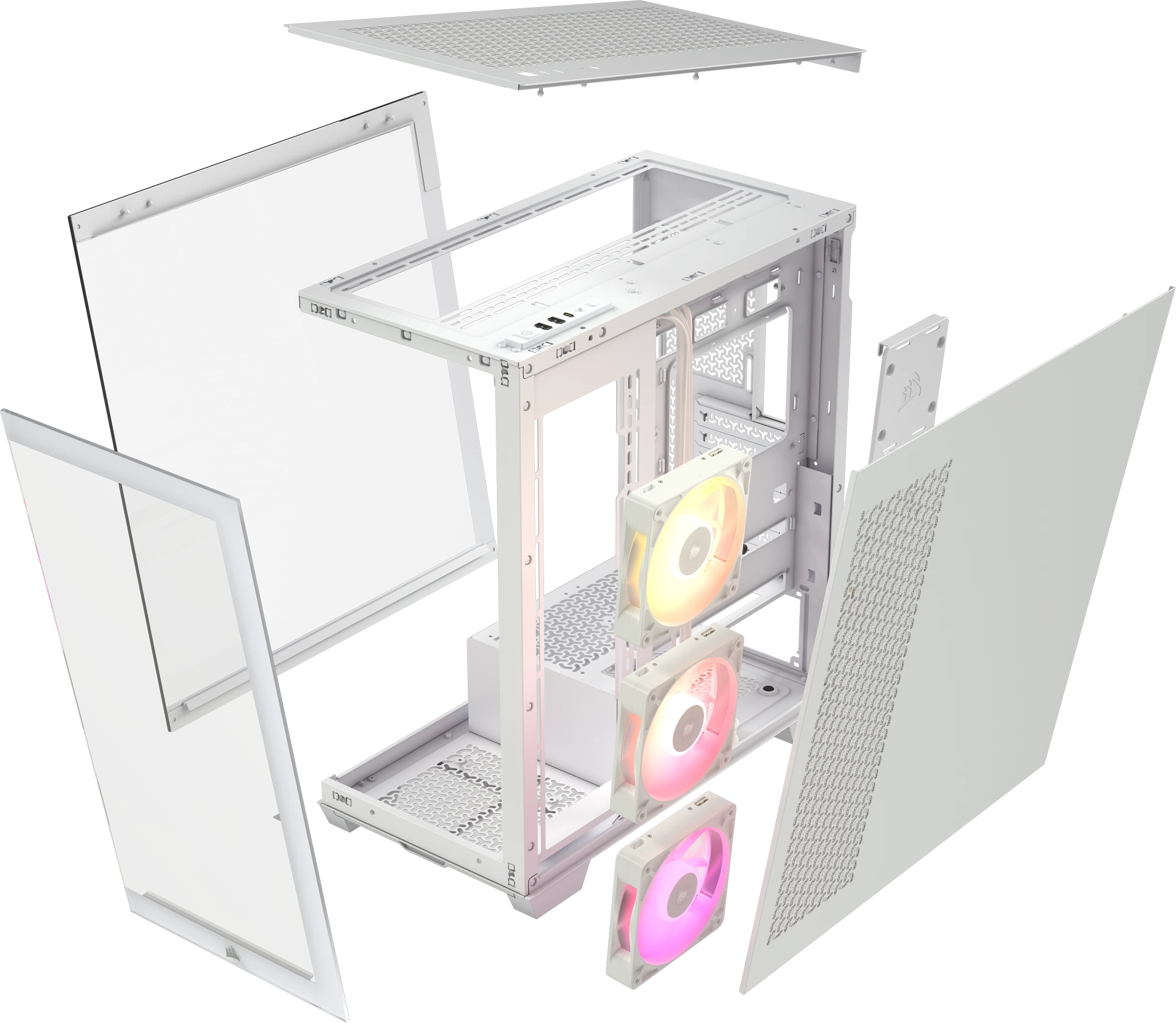 Widok rozłożony białej obudowy komputera. Panele szklane, wentylatory i panel górny są oddzielone.