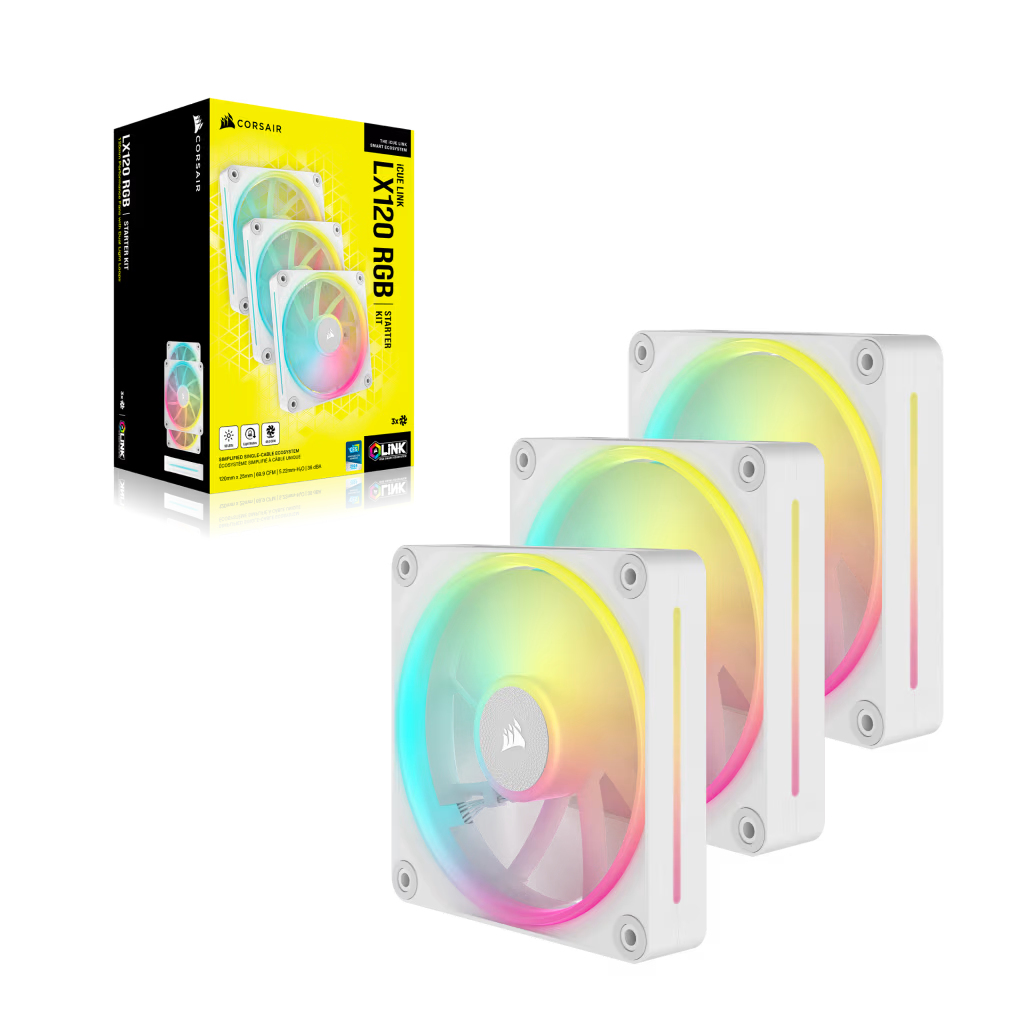 Trois ventilateurs Corsair LX120 RGB dans une boîte, avec un éclairage coloré.
