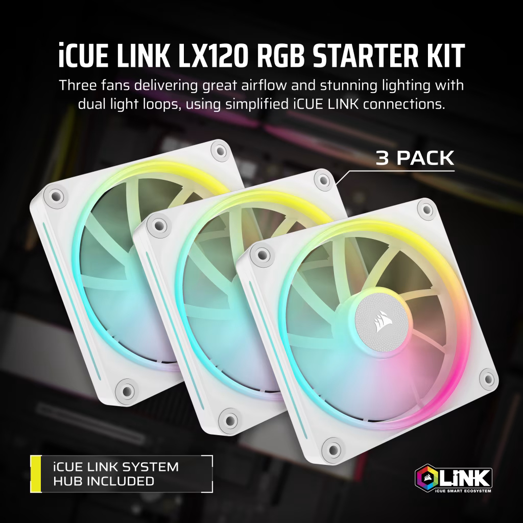 Trois ventilateurs Corsair blancs avec éclairage RGB. Texte : iCUE LINK LX120 RGB STARTER KIT.