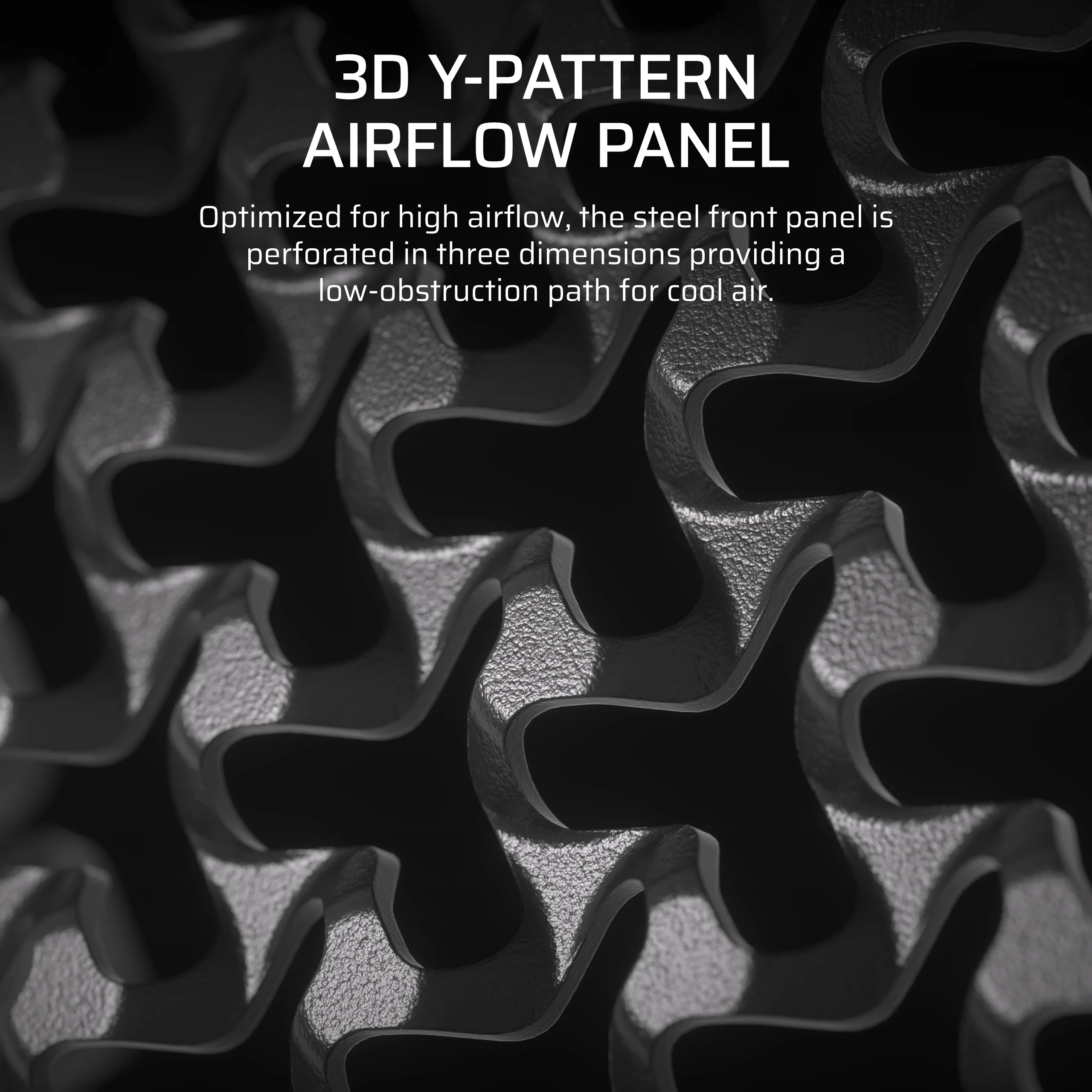 Zbliżenie panelu przepływu powietrza z wzorem 3D Y. Panel jest szary z teksturowaną powierzchnią i ciemnymi cieniami.