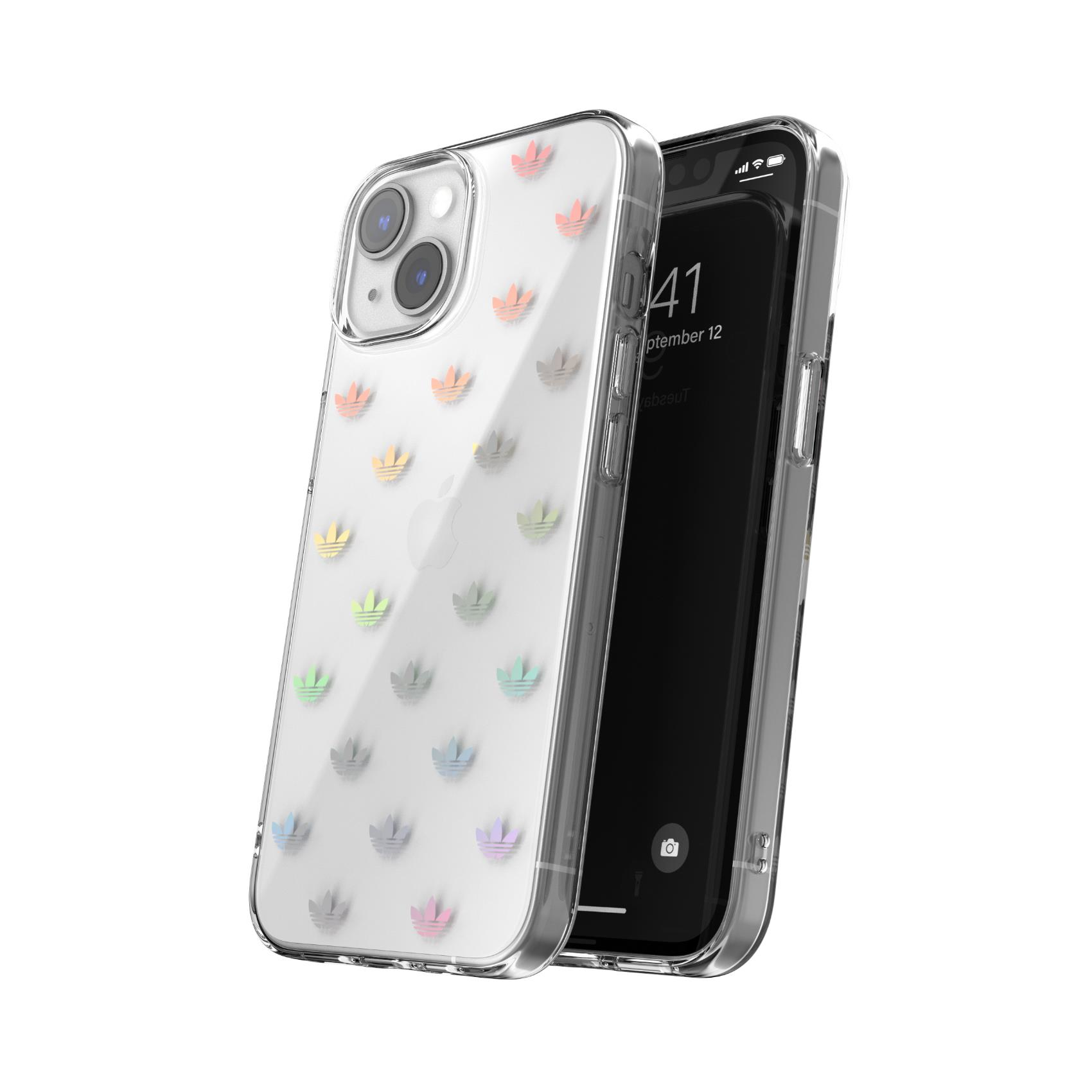 iPhone in una custodia trasparente con loghi Adidas, contro uno sfondo bianco.