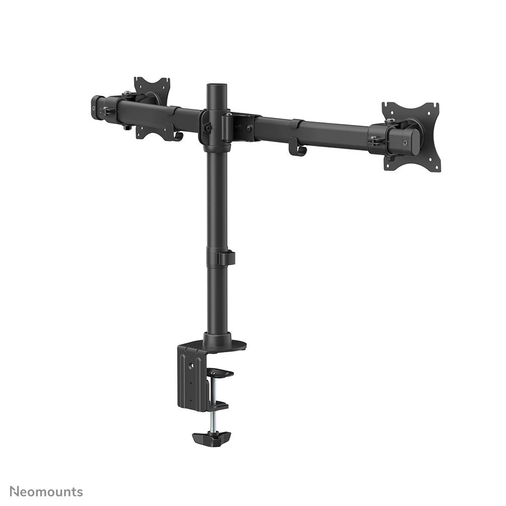 Eine schwarze Monitorhalterung mit zwei Armen, einer Mittelsäule und einem Klemmfuß.
