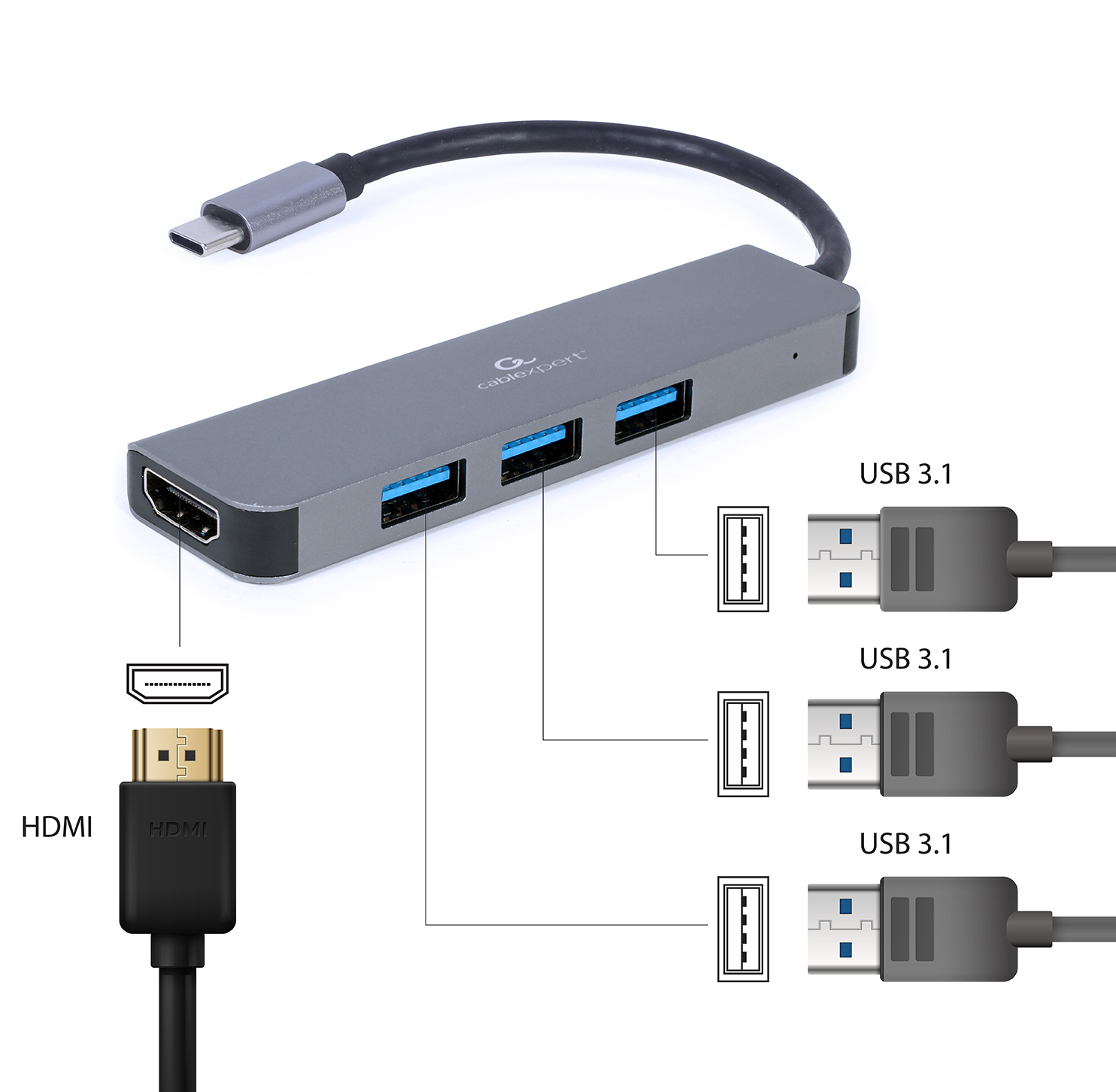 Hub USB-C con porte HDMI, USB 3.1 e cavi.