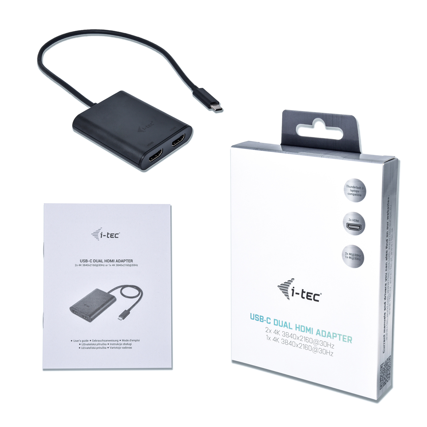 Adattatore da USB-C a HDMI con confezione e guida per l'utente.