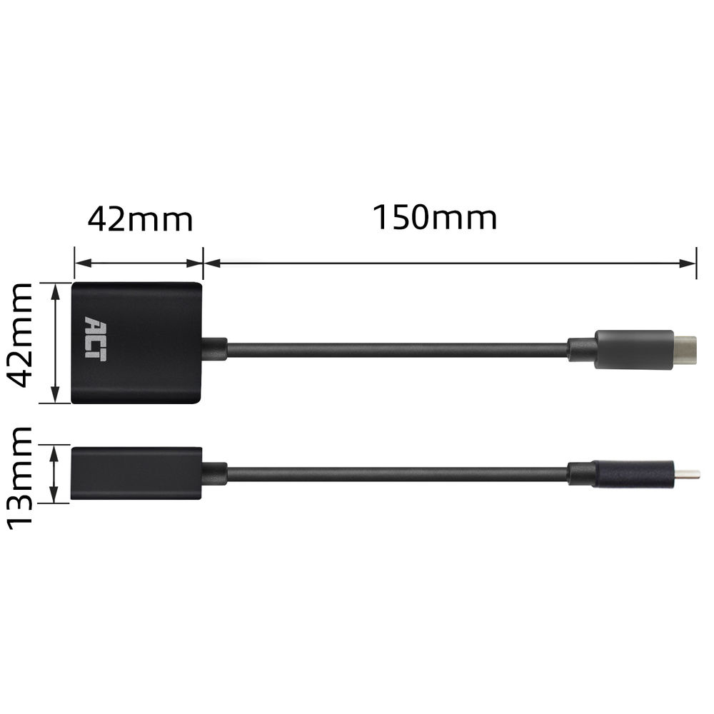 Ein schwarzes Adapterkabel mit Maßen, das seine Abmessungen zeigt.