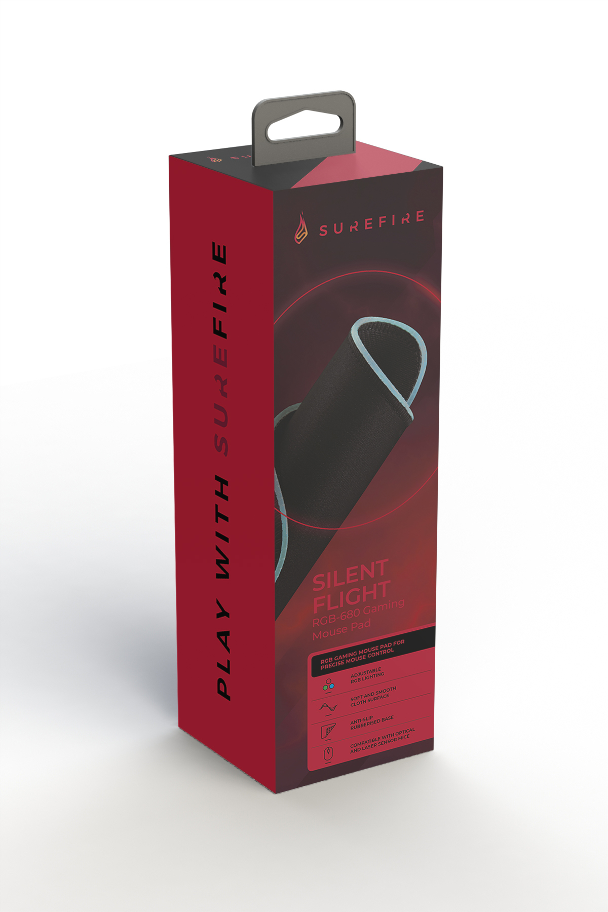 Wysokie czerwone pudełko SureFire z obrazem podkładki pod mysz i tekstem na białym tle.