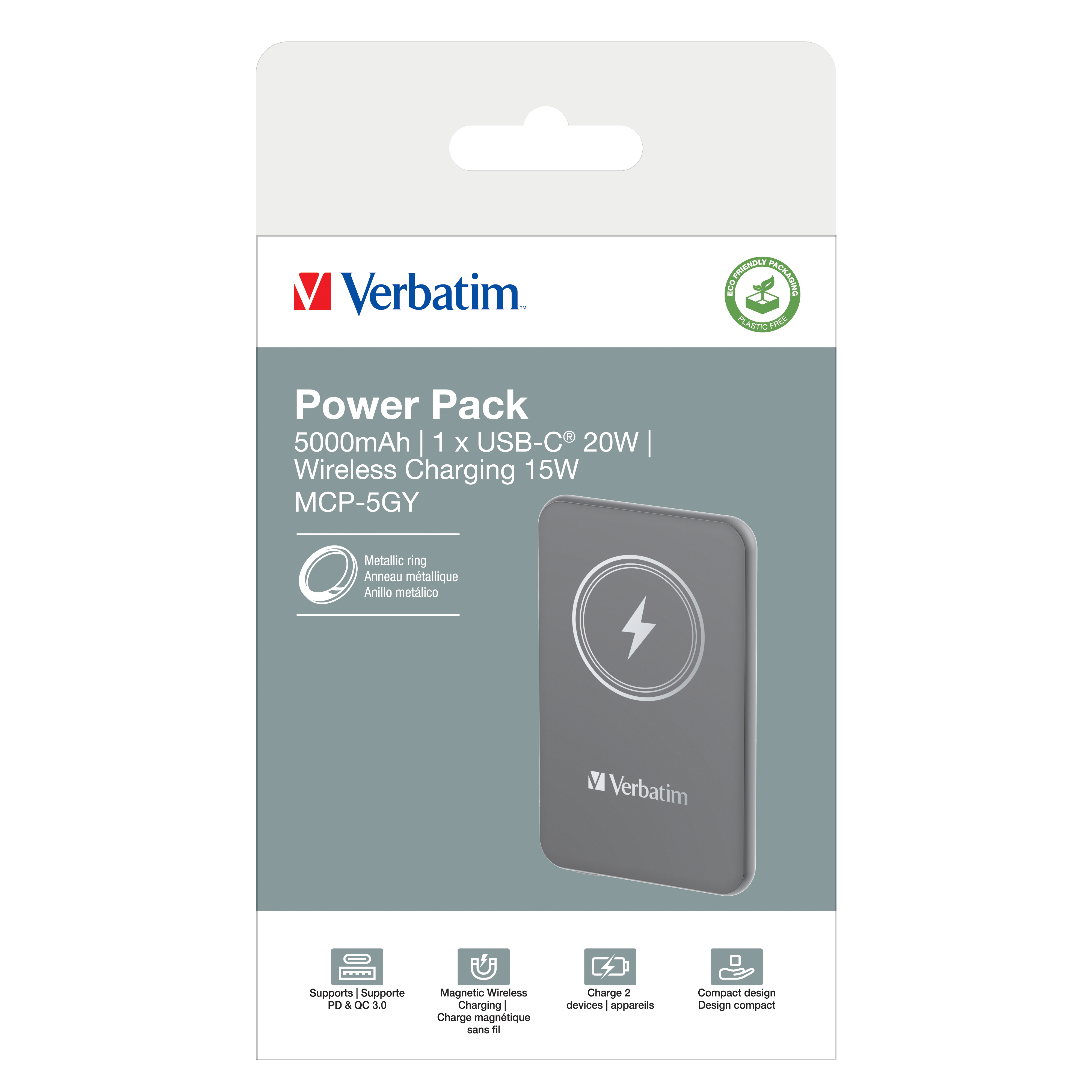 Verbatim Power Pack verpakking. Grijze powerbank met oplaadsymbool. Ondersteunt PD & QC 3.0.