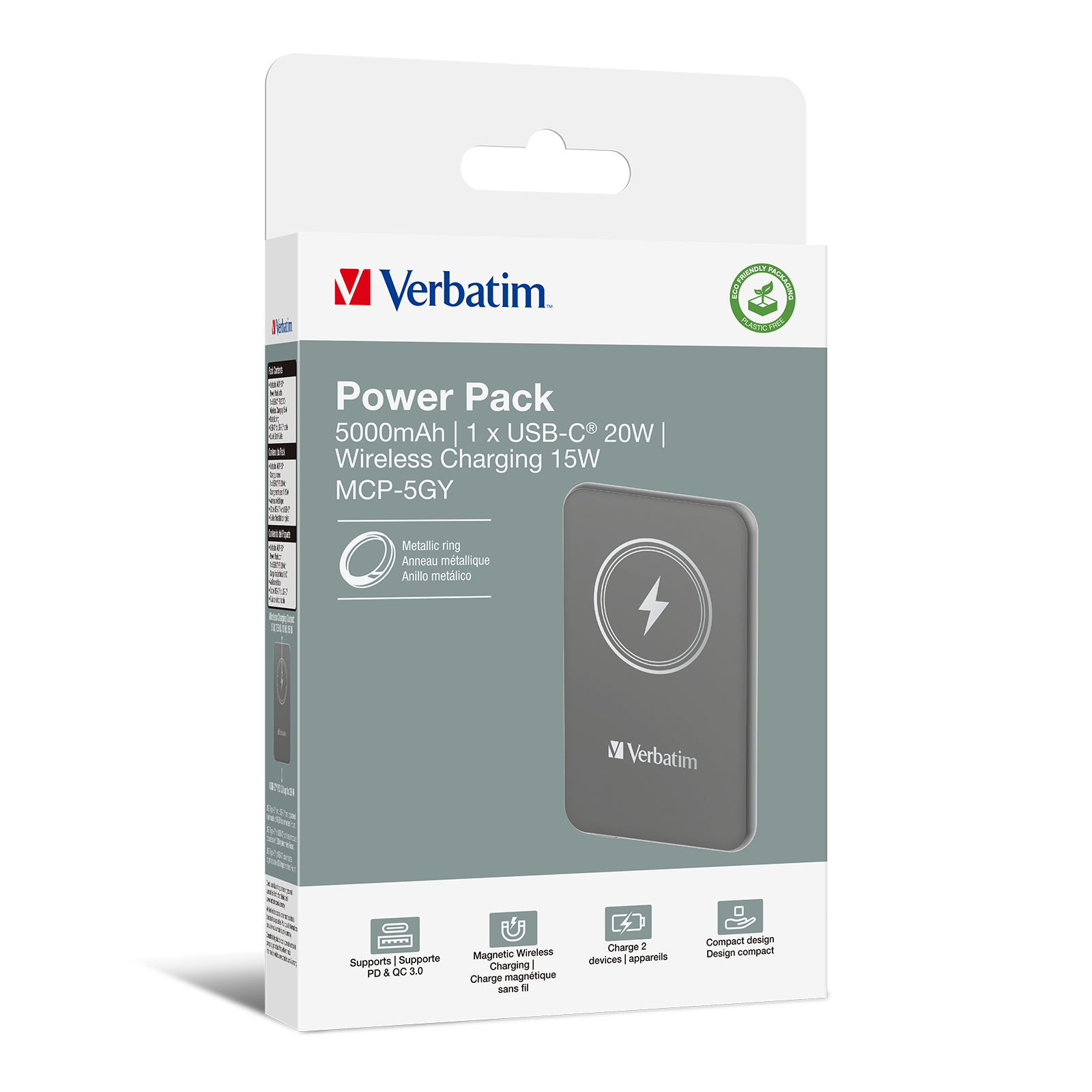 Powerbank-verpakking. Witte en grijze doos met productdetails en een grijze oplader.