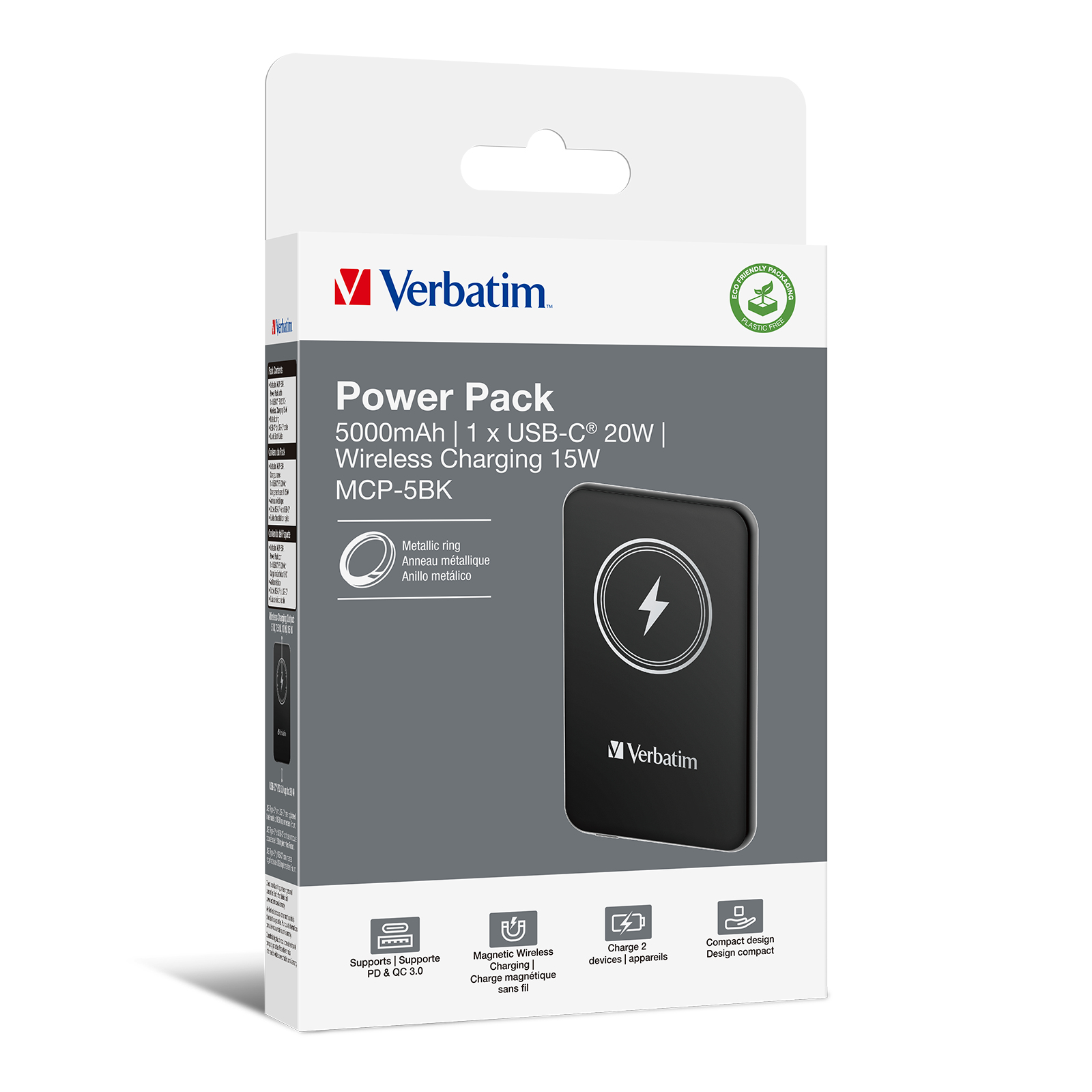 Een wit-zwarte powerbank-doos, merk Verbatim, met functies en een afbeelding van de powerbank.