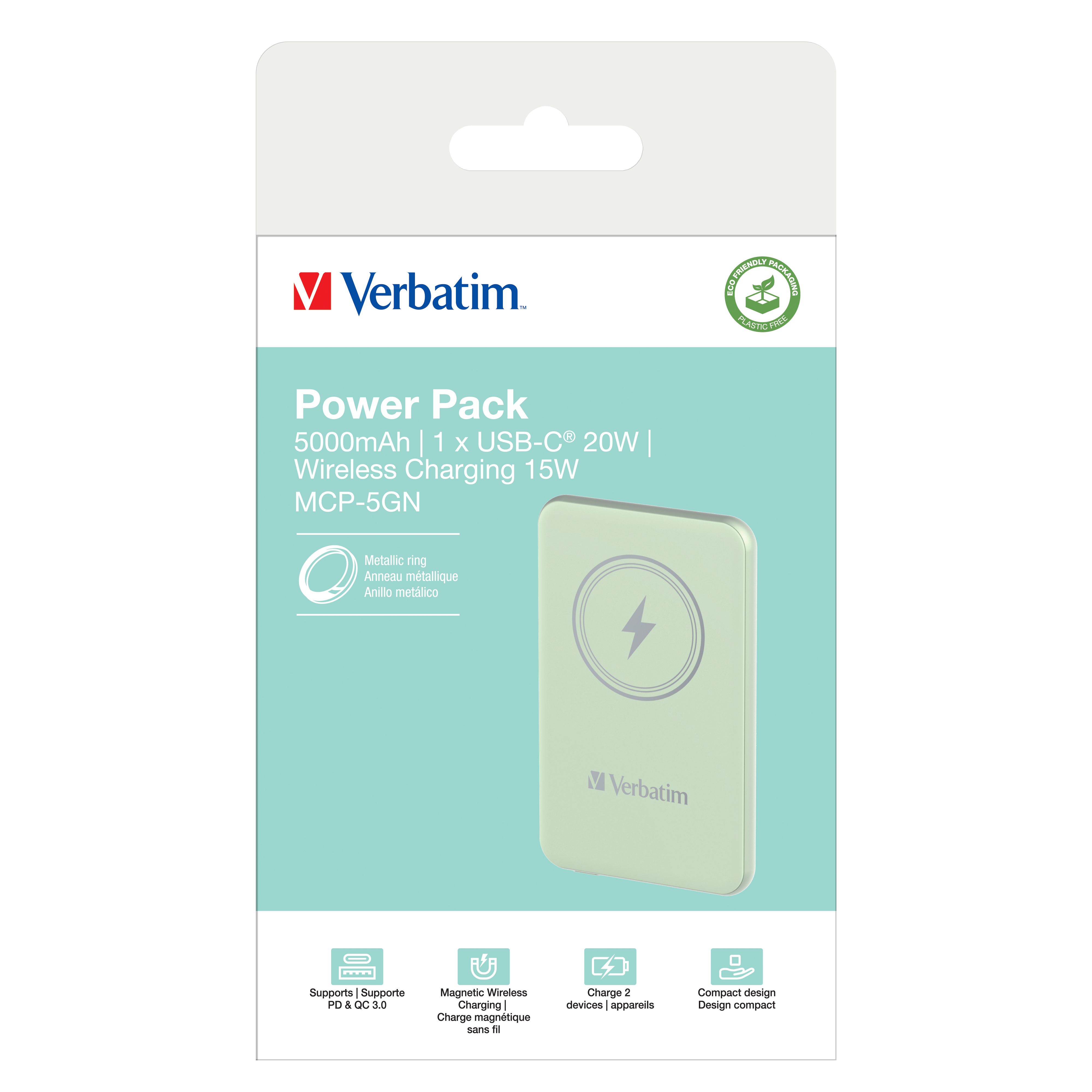 Een Verbatim power pack in een witte doos op een witte achtergrond, met productdetails.