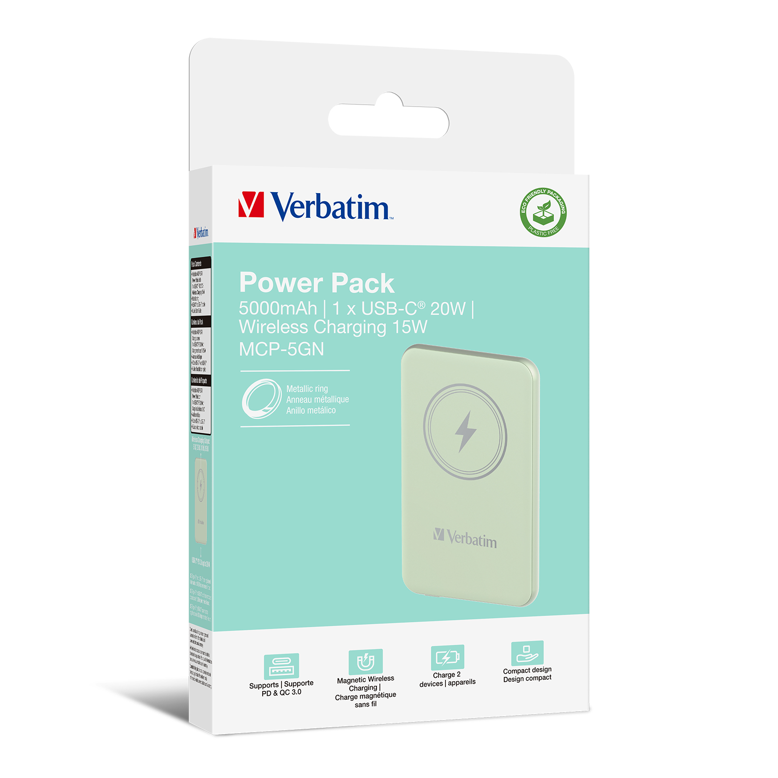 Verpakking van powerbank, met powerbank en details over draadloos opladen.