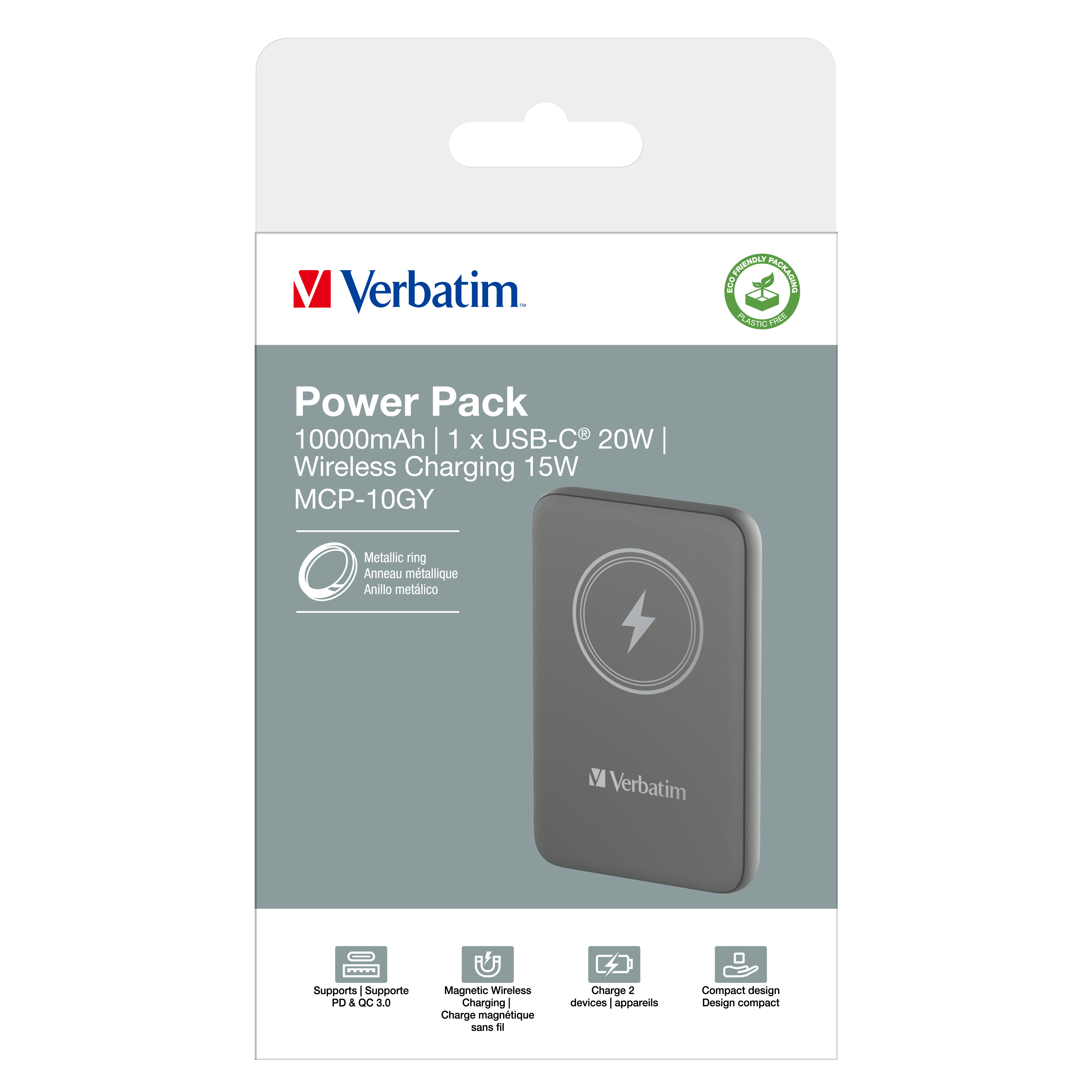 Opakowanie szarego Verbatim Power Pack o pojemności 10000mAh, ładowaniu bezprzewodowym i metalowym pierścieniu.