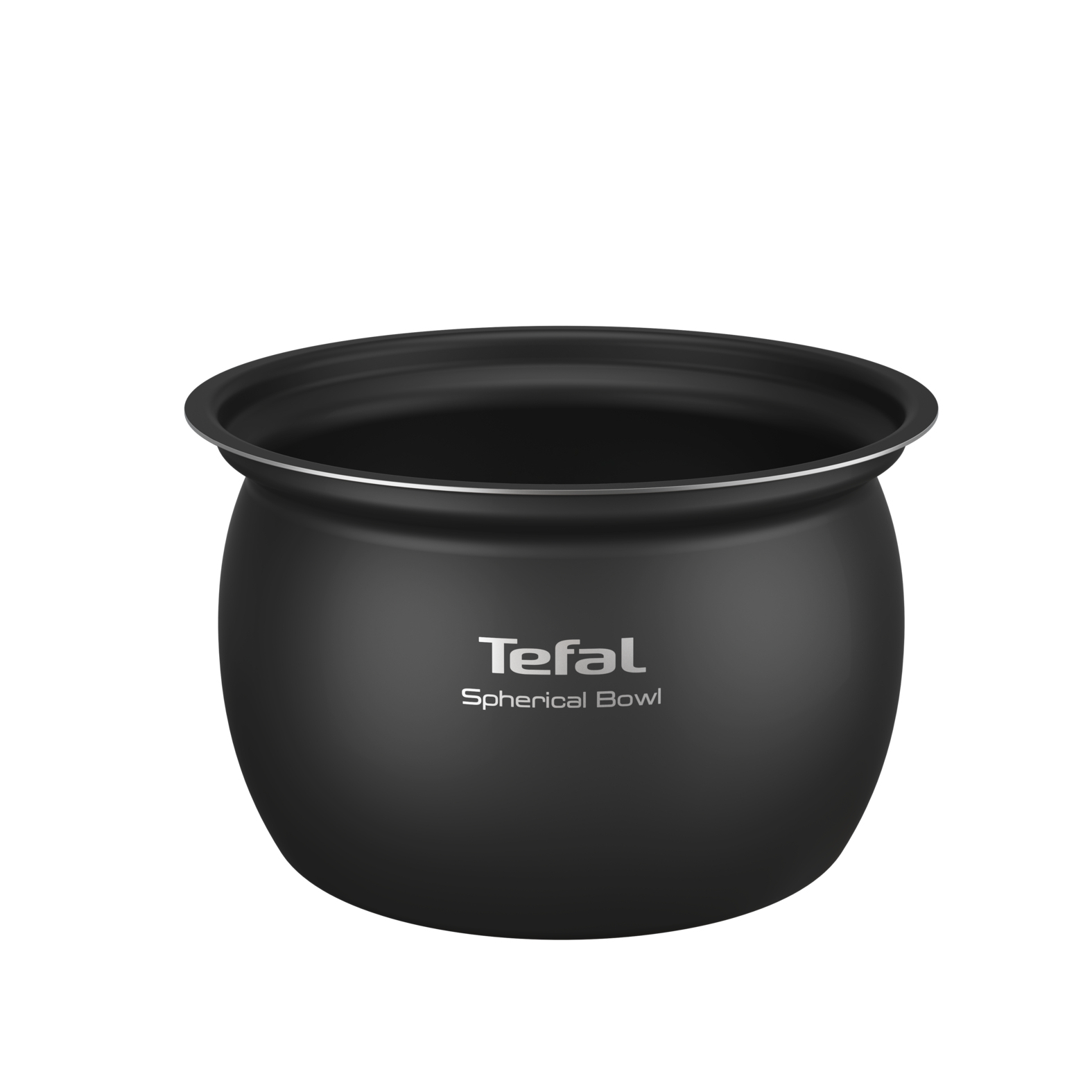 Schwarze Tefal Spherical Bowl mit silberner Zierleiste und Logo. Weißer Hintergrund.