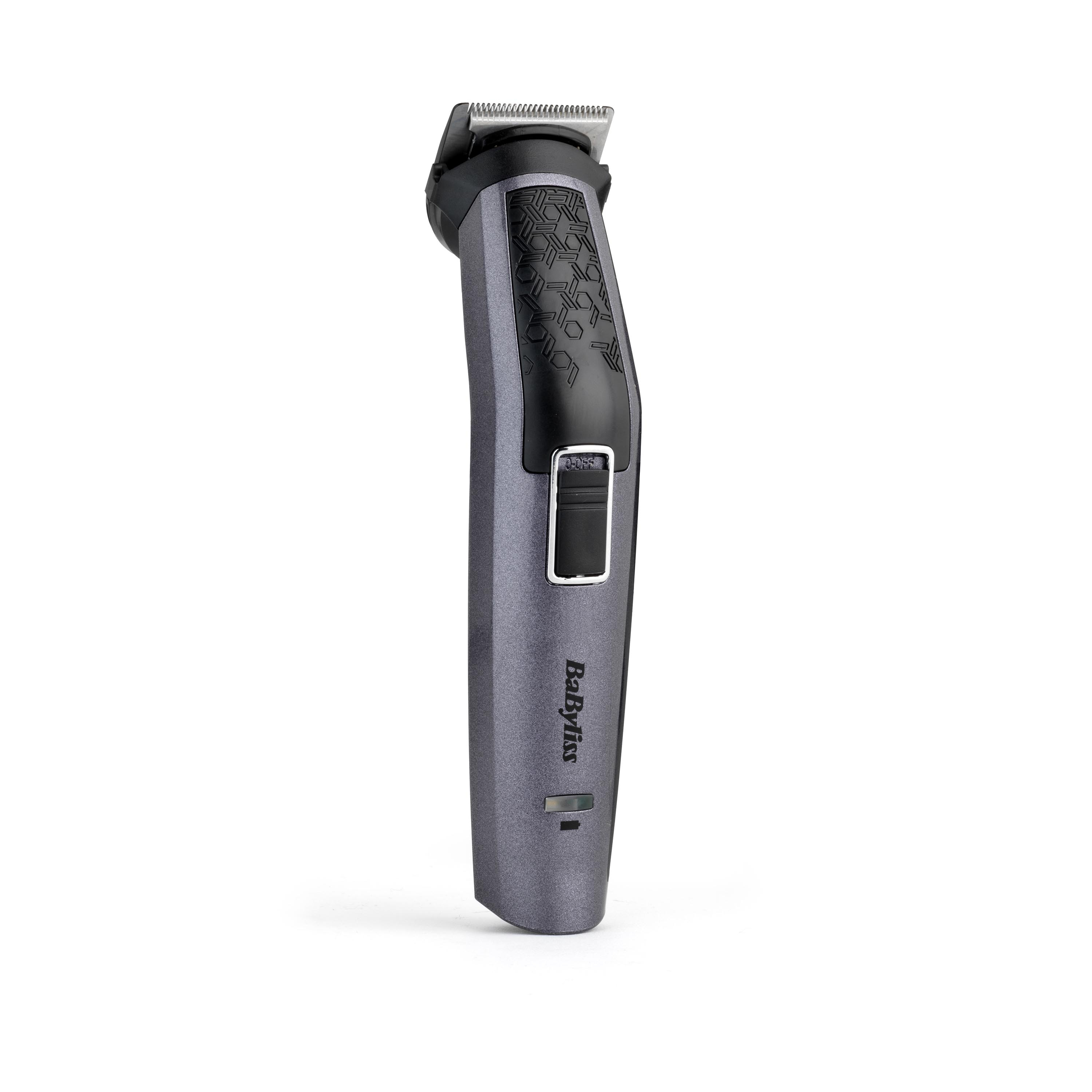 Tagliabarba Babyliss grigio scuro. Vista angolata su sfondo bianco.