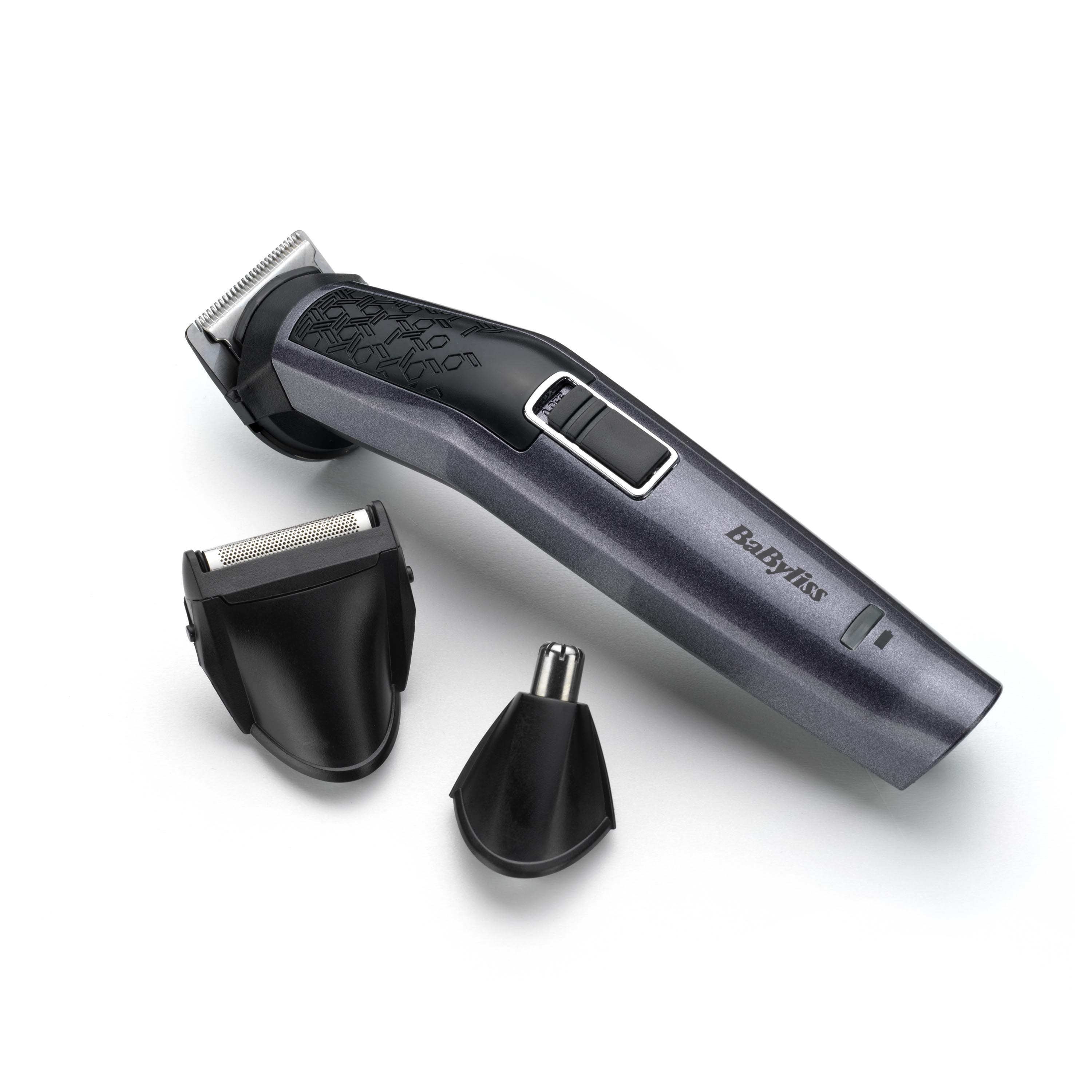 Un tagliacapelli grigio con tre testine staccabili su sfondo bianco. Il marchio è Babyliss.