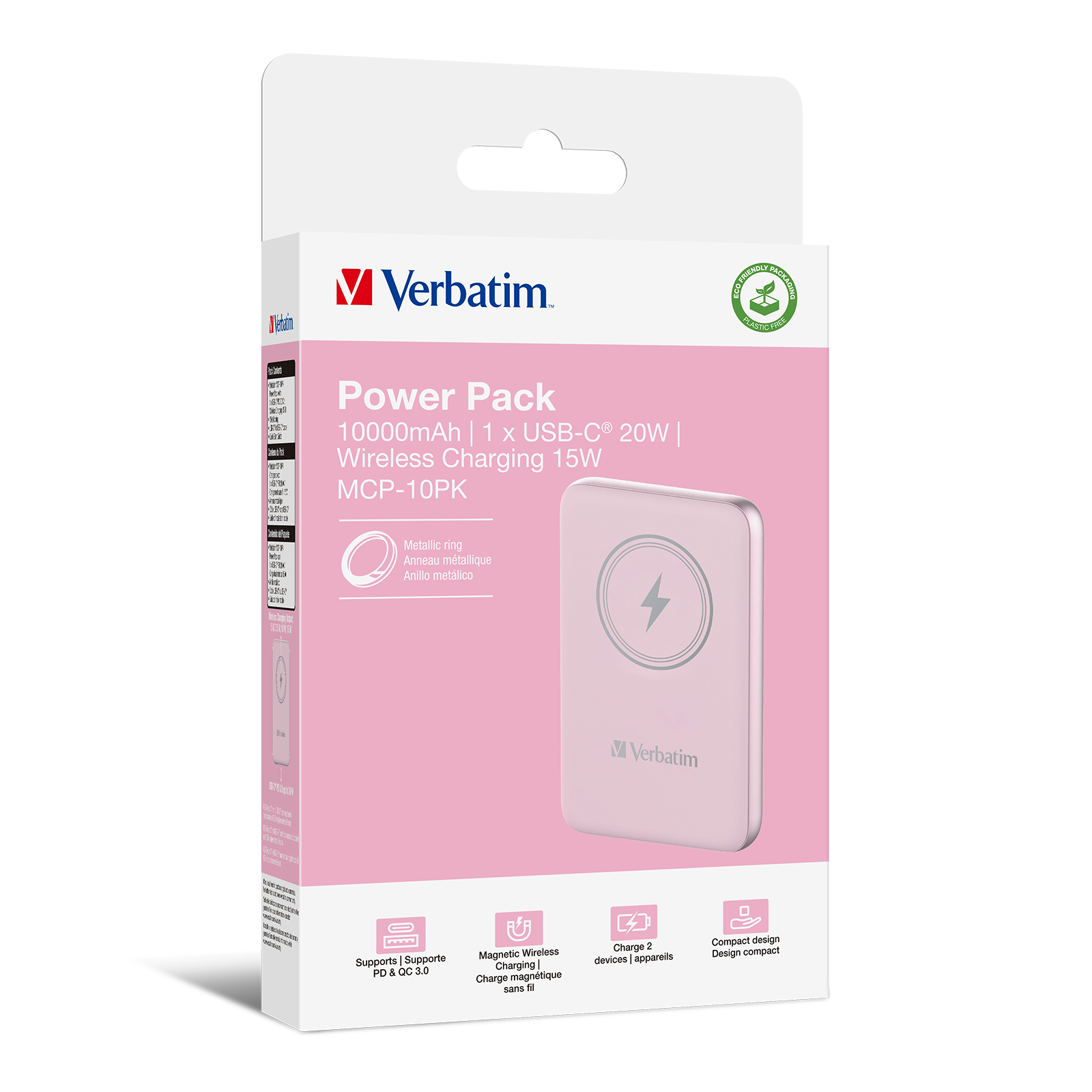Zestaw Verbatim Power Pack w pudełku. Jest różowy i ma port USB. Pudełko ma logo.