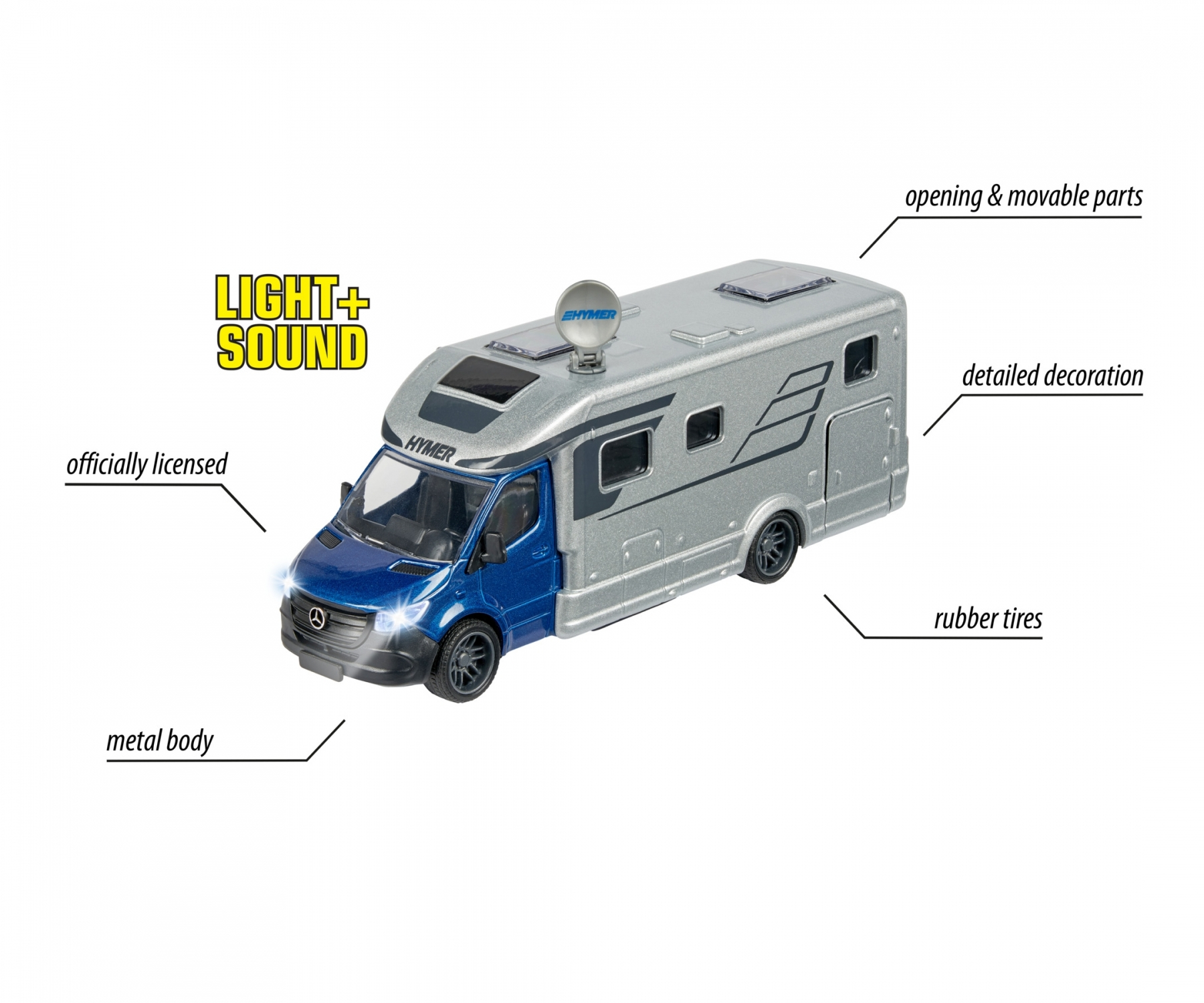 Zabawkowa przyczepa kempingowa ze światłami i dźwiękami. Kolory srebrny i niebieski. Oznaczone elementy.