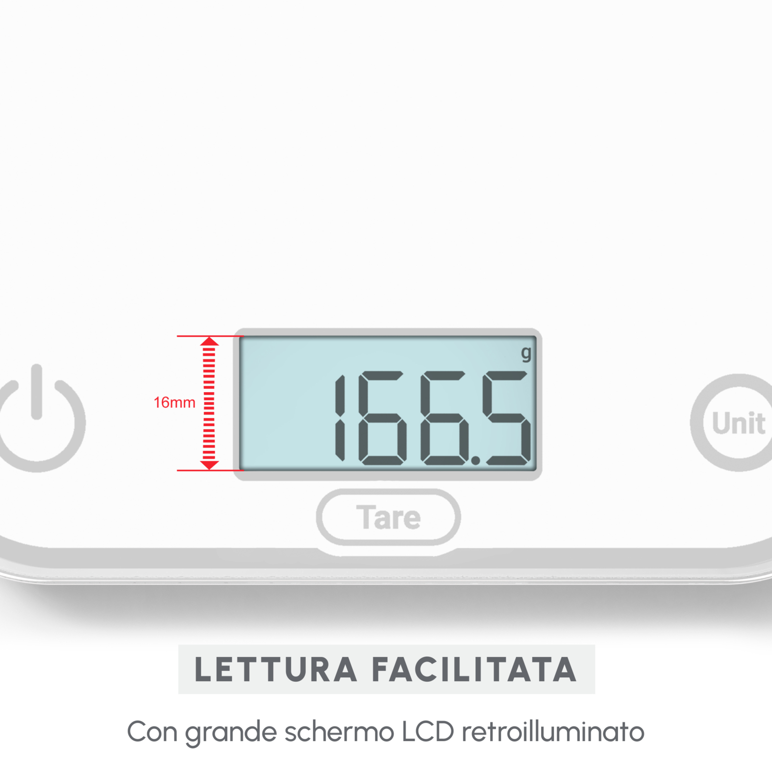 Waga cyfrowa z wyświetlaczem '166.5' i przyciskami 'Unit' i 'Tare'. Pokazano pomiar 16 mm.