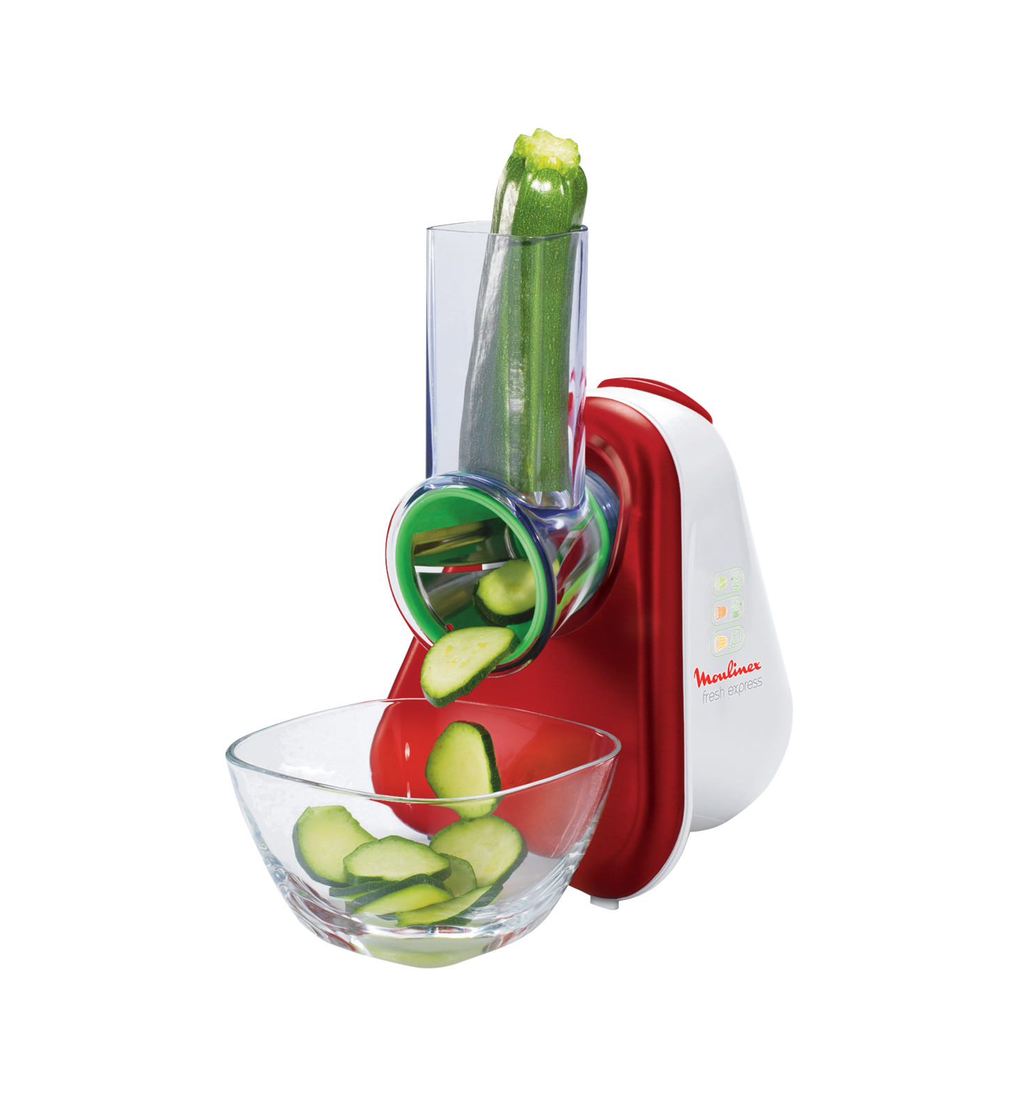 Una cortadora de verduras Moulinex roja y blanca. Se inserta calabacín y se corta en un bol de cristal.