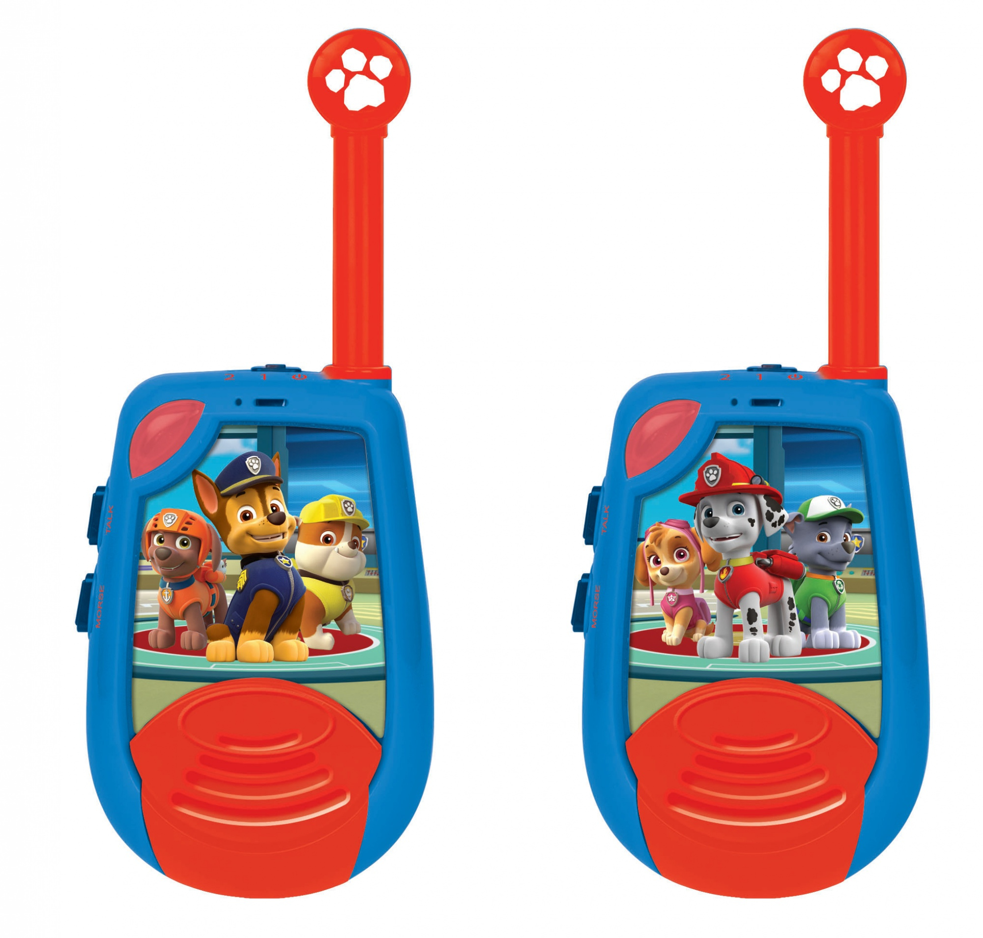 Dos walkie-talkies de la Patrulla Canina. Diseño rojo y azul. Personajes de dibujos animados al frente.
