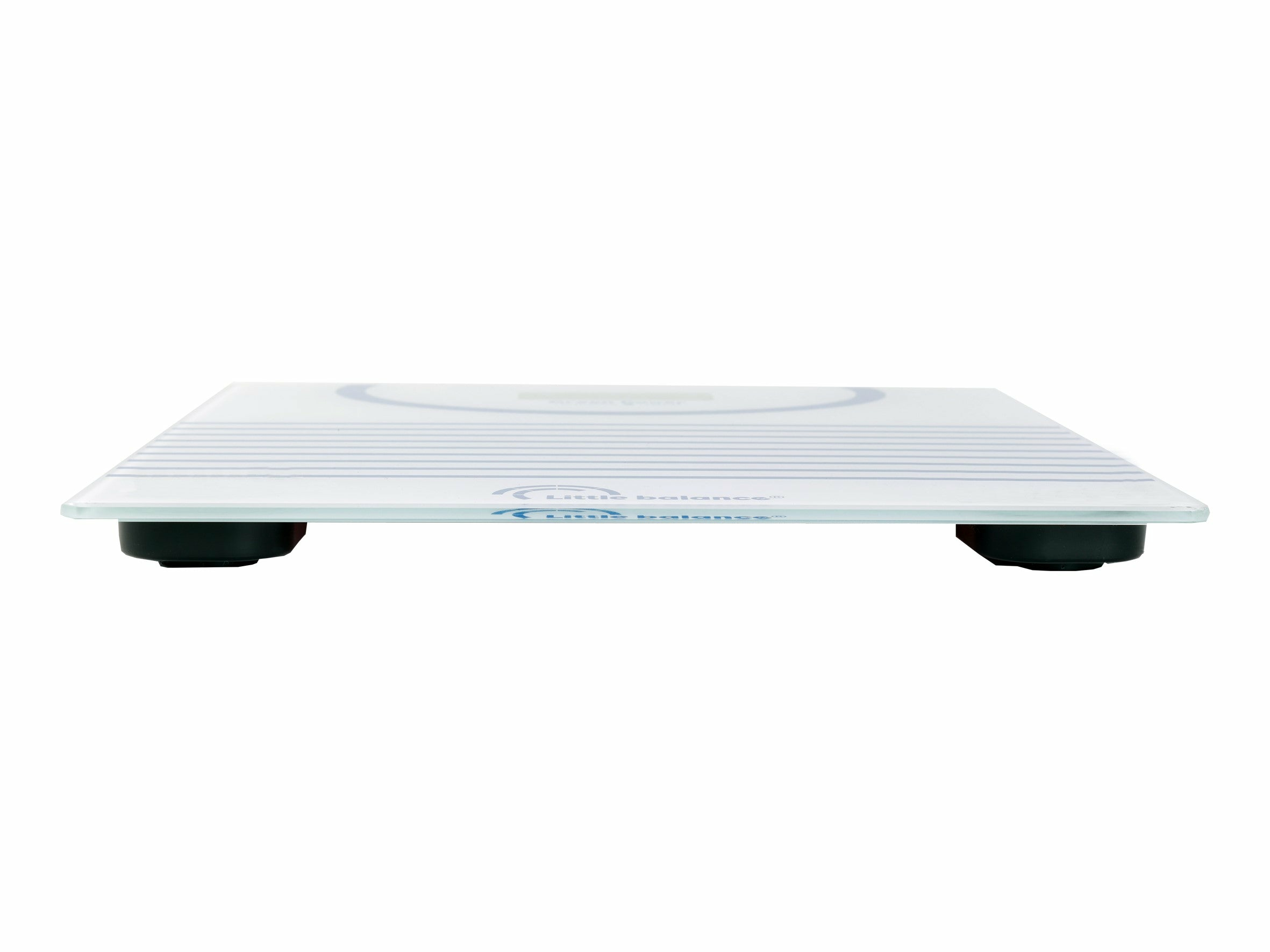 Szklana waga Little Balance na białym tle, pokazująca górną stronę, z niebieskimi liniami.