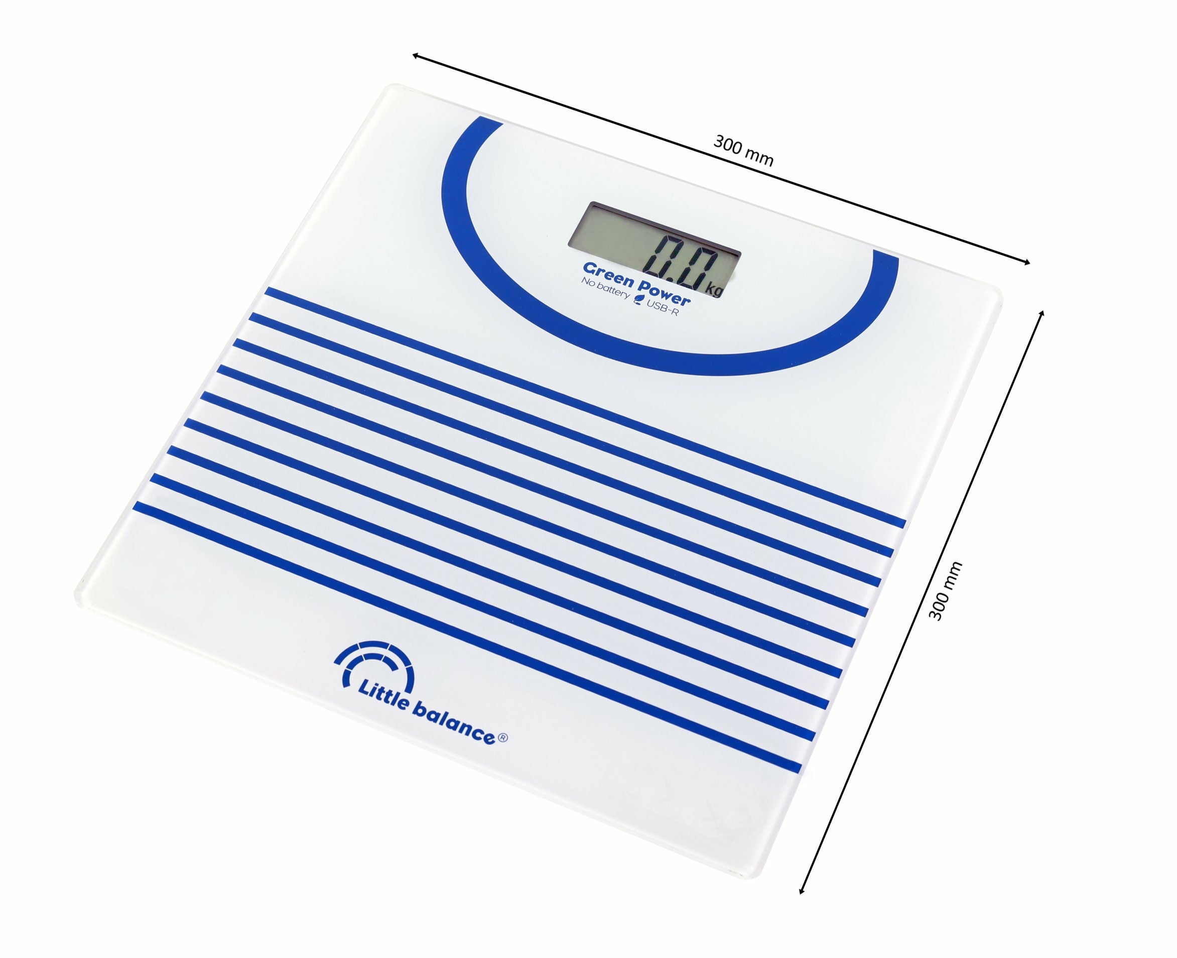 Biała waga cyfrowa z niebieskimi paskami i wyświetlaczem pokazującym 0,0 kg. Ma logo 'Little balance'.