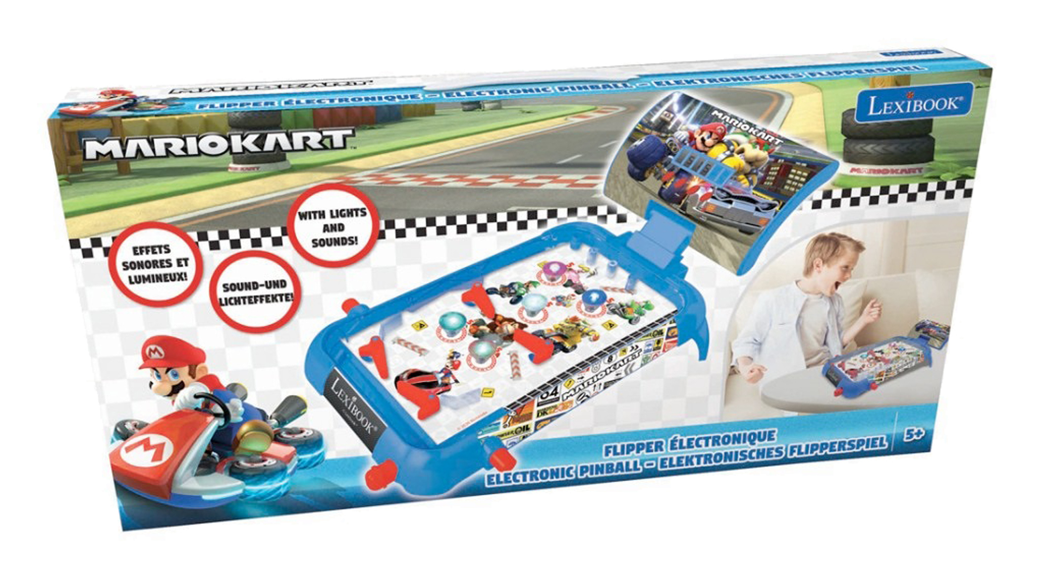 Caja de máquina de pinball electrónica Mario Kart. Muestra la máquina de pinball y un niño jugando.