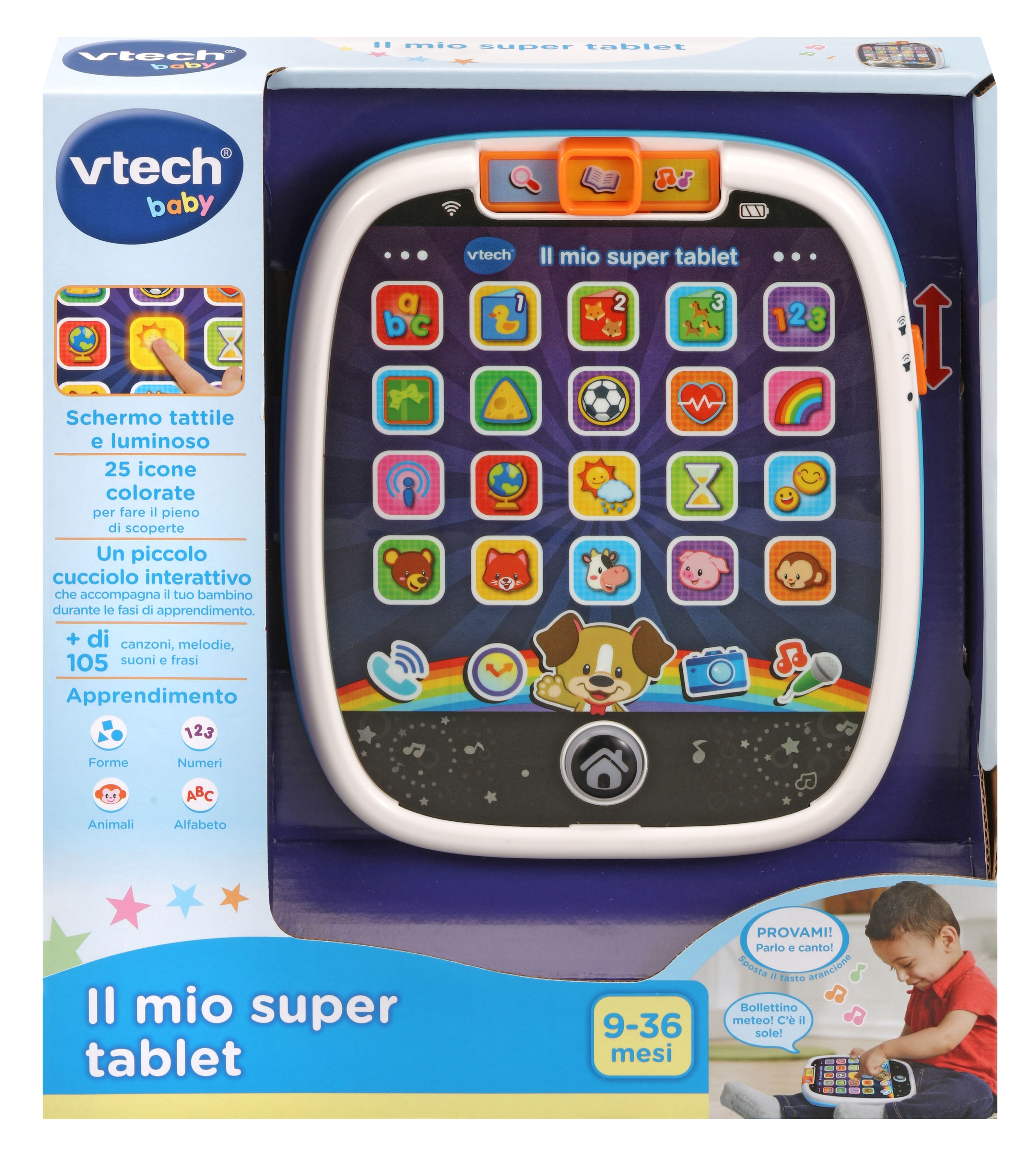 Ein farbenfrohes Spielzeug-Tablet für Kinder mit Knöpfen und Symbolen. Ein Kind interagiert damit.