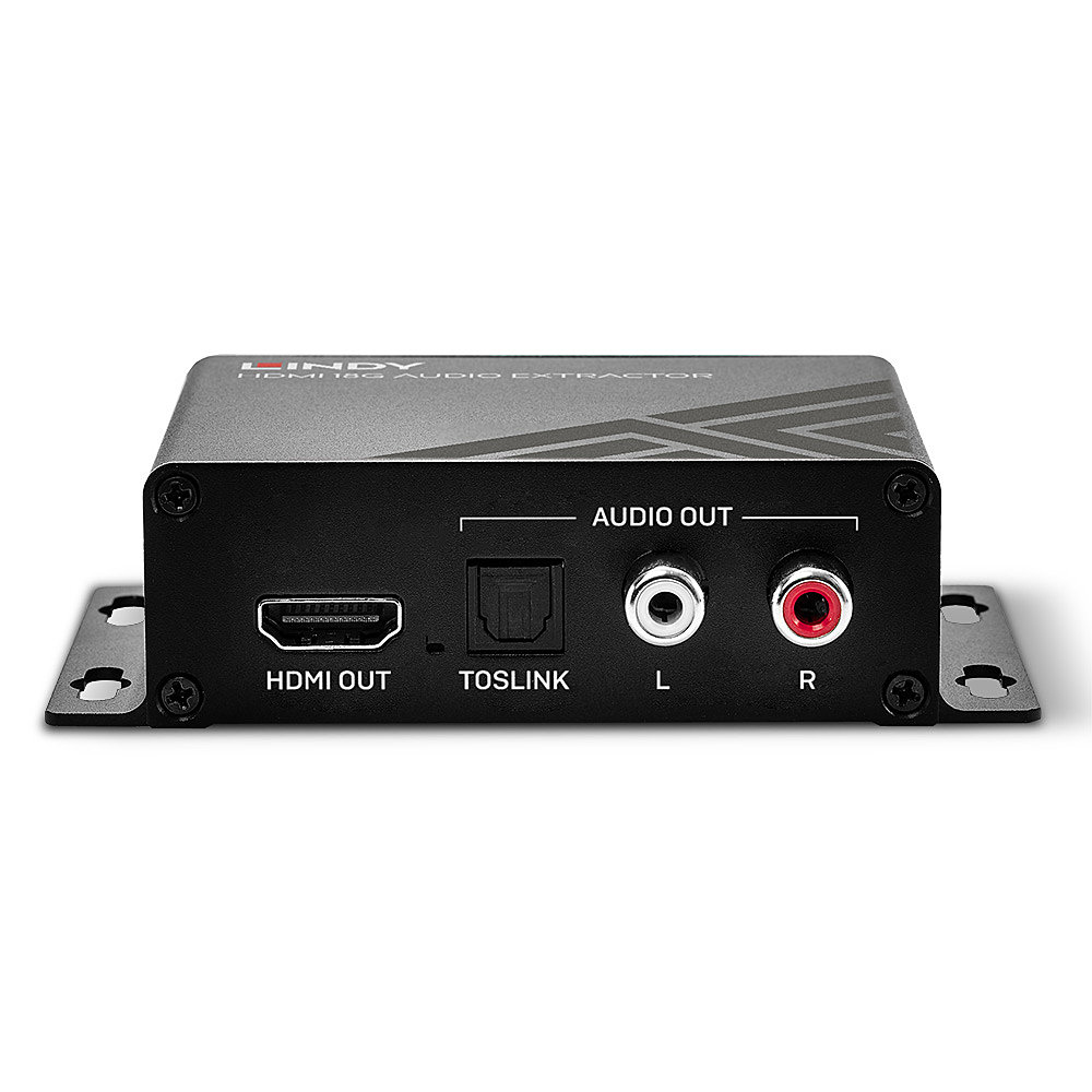 Ein schwarzer HDMI-Audio-Extraktor mit verschiedenen Anschlüssen. Weißer Hintergrund.