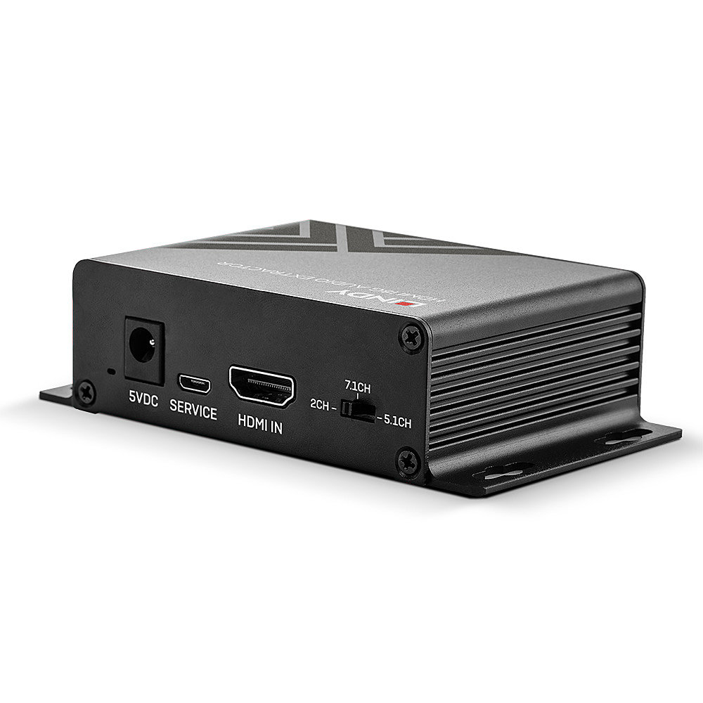 Schwarzer HDMI-Audio-Extraktor mit Anschlüssen und Beschriftungen, auf weißem Hintergrund.