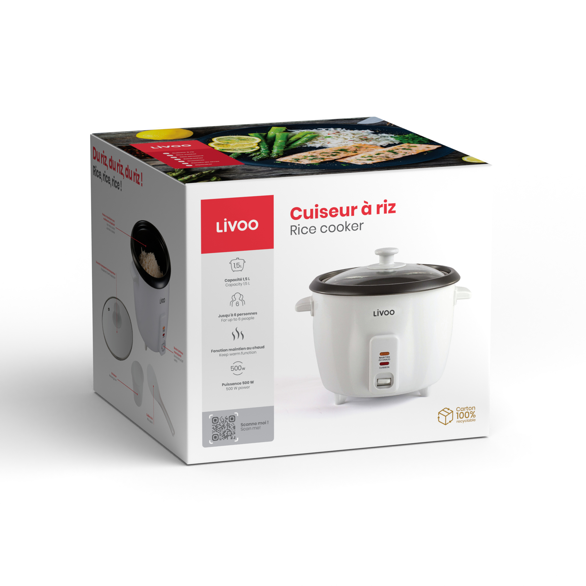 Biały garnek do gotowania ryżu i jego opakowanie. Pudełko pokazuje garnek i tekst w wielu językach.