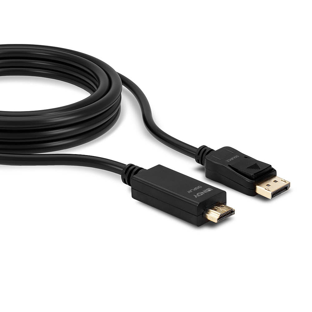 Un cable HDMI a DisplayPort negro con conectores visibles sobre fondo blanco.