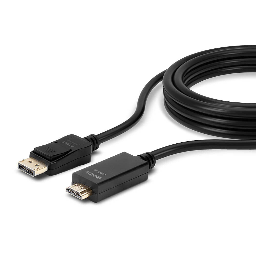 Cable negro con conectores DisplayPort y HDMI sobre fondo blanco. Logo LINDY visible.