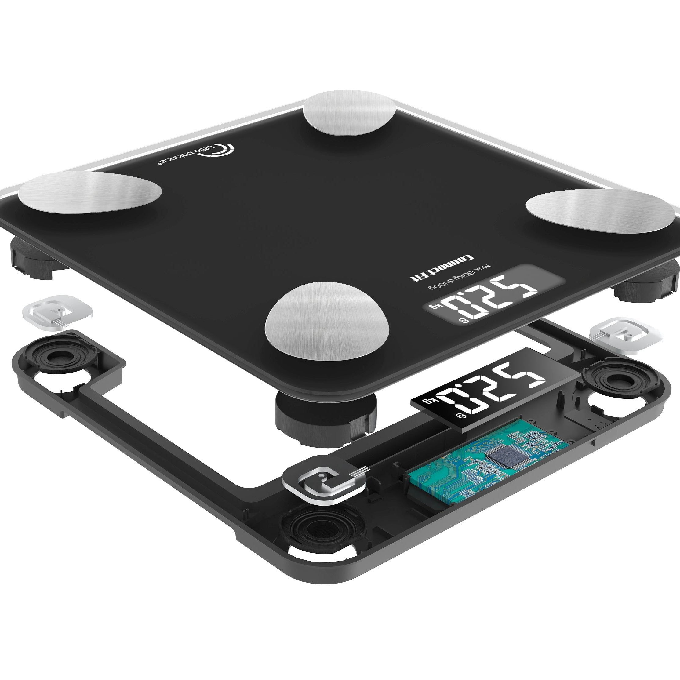 Czarna waga cyfrowa zdemontowana, widoczne elementy wewnętrzne, cztery srebrne nóżki.